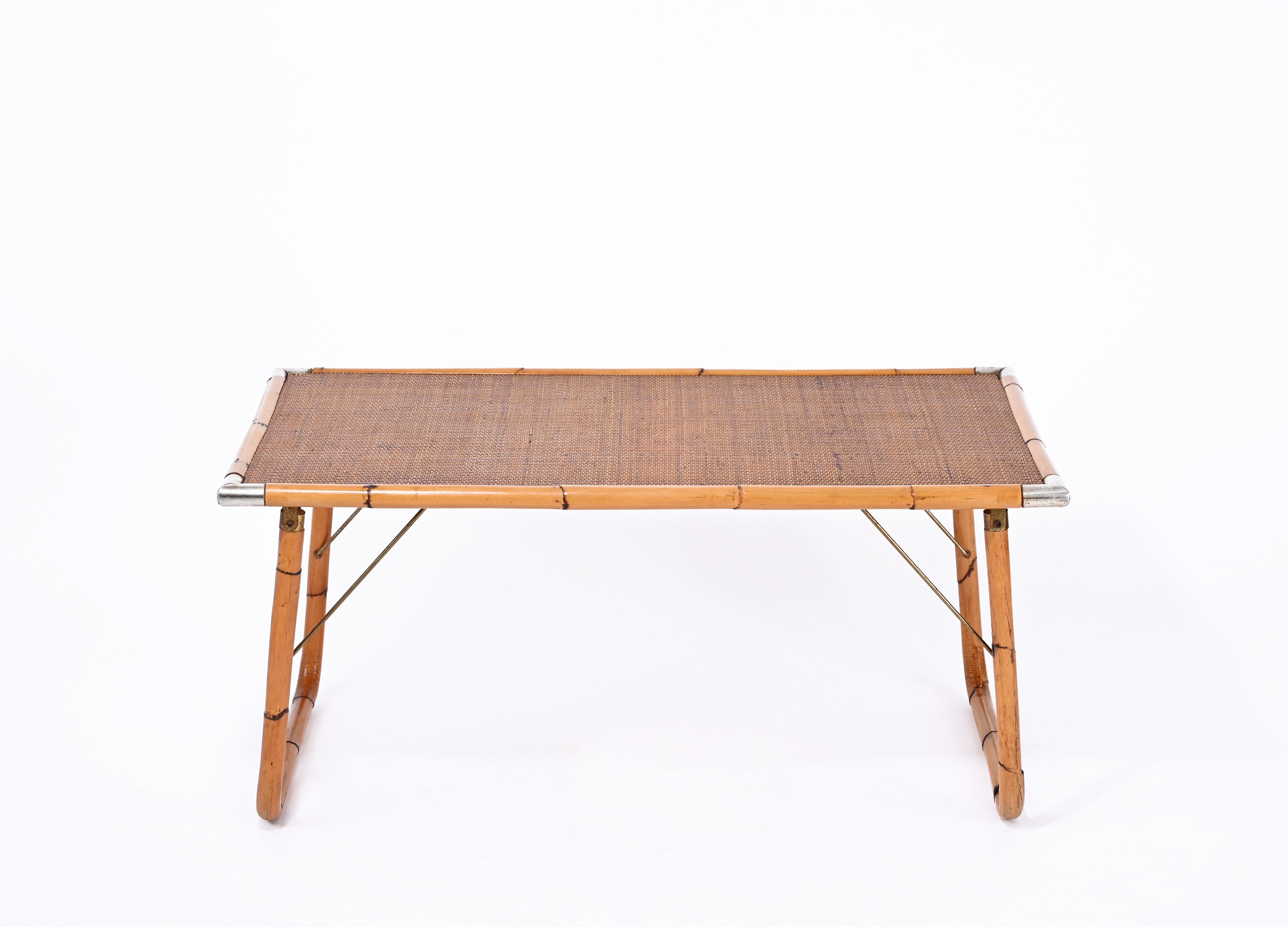 Italian Midcentury Folding Coffee Table in Bamboo, Wicker and Metal, Italy 1960s