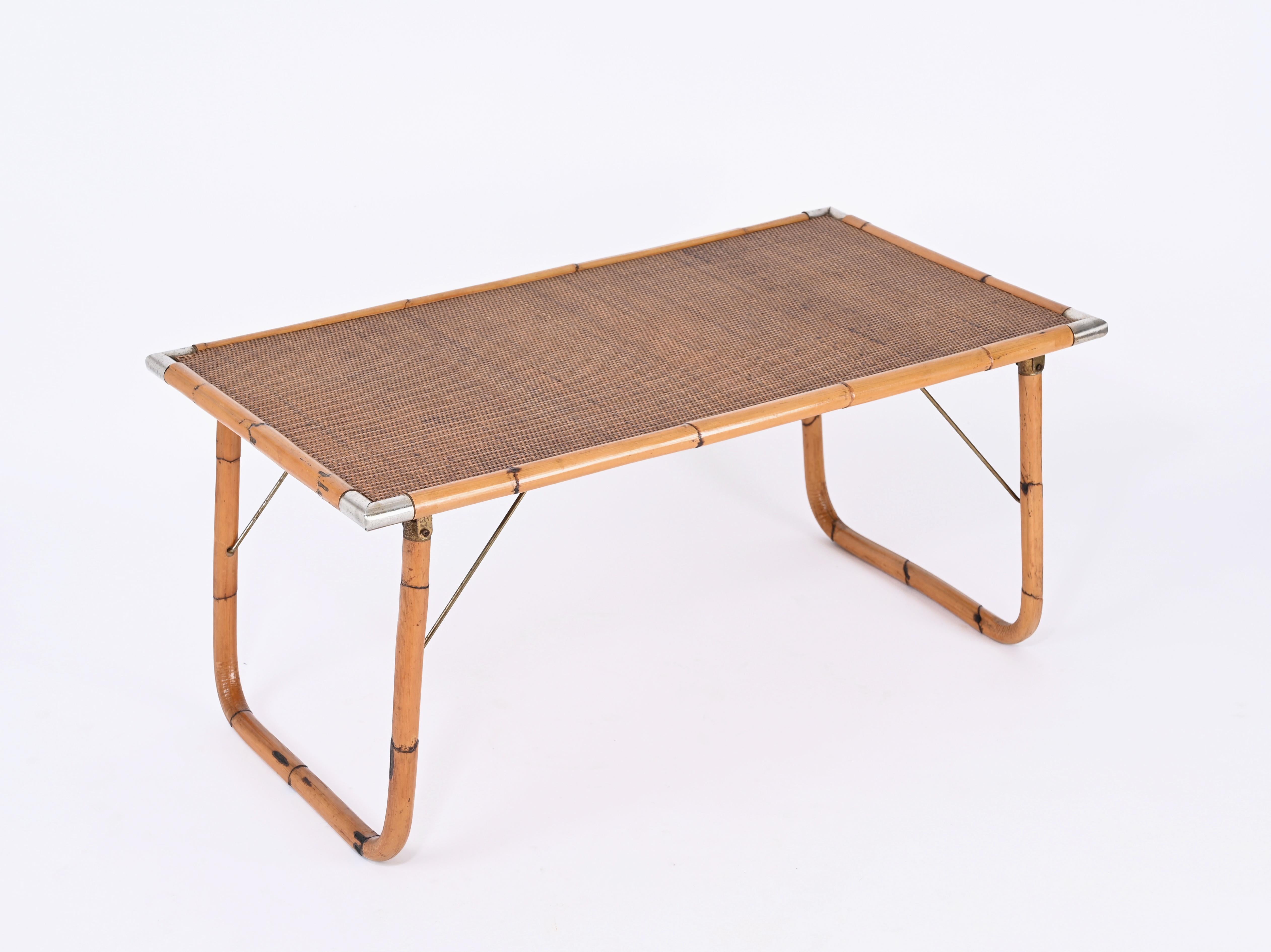 Midcentury Folding Coffee Table in Bamboo, Wicker and Metal, Italy 1960s 1