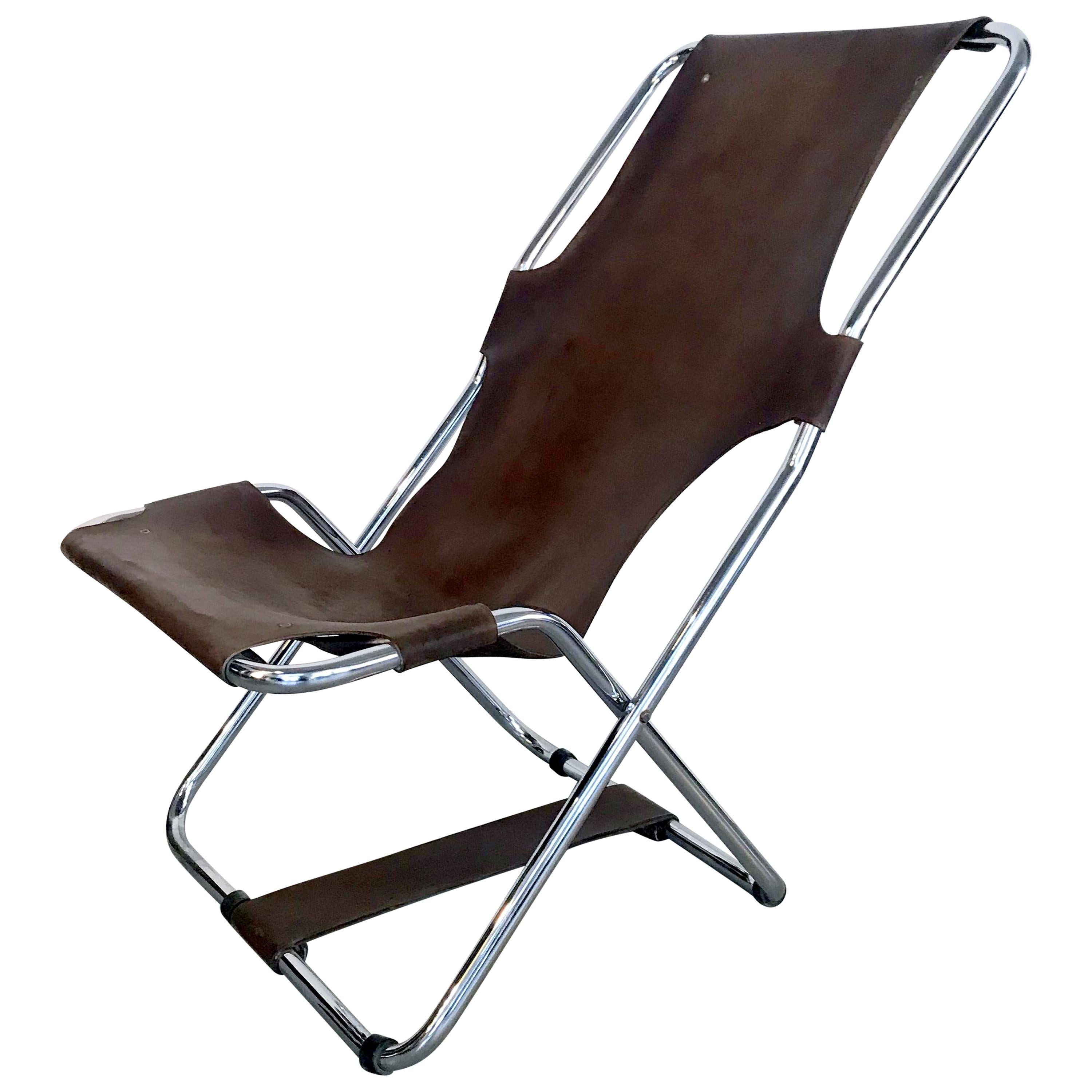 Midcentury Folding Lounge Chair with Metal Frame and Leather For Sale