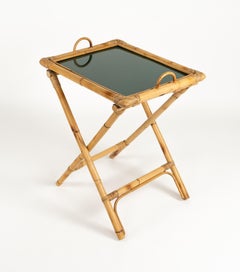 Midcentury Folding Serving Tray Table in Bamboo, Rattan and Glass, Italy 1970s