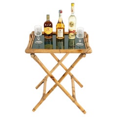 Midcentury Folding Serving Tray Table in Bamboo, Rattan and Glass, Italy 1970s