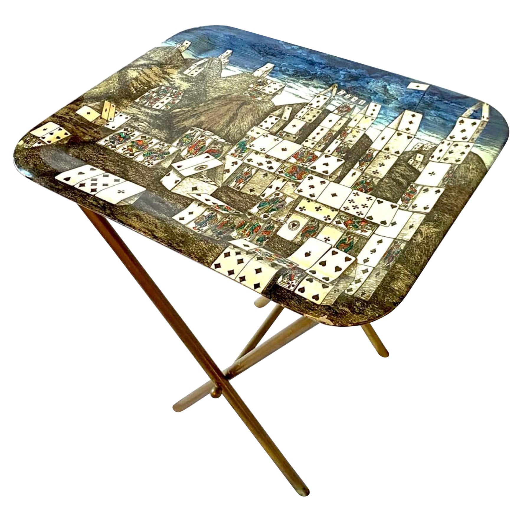 Mesa bandeja plegable de mediados de siglo "Ciudad de naipes", Piero Fornasetti, Italia, años 50
