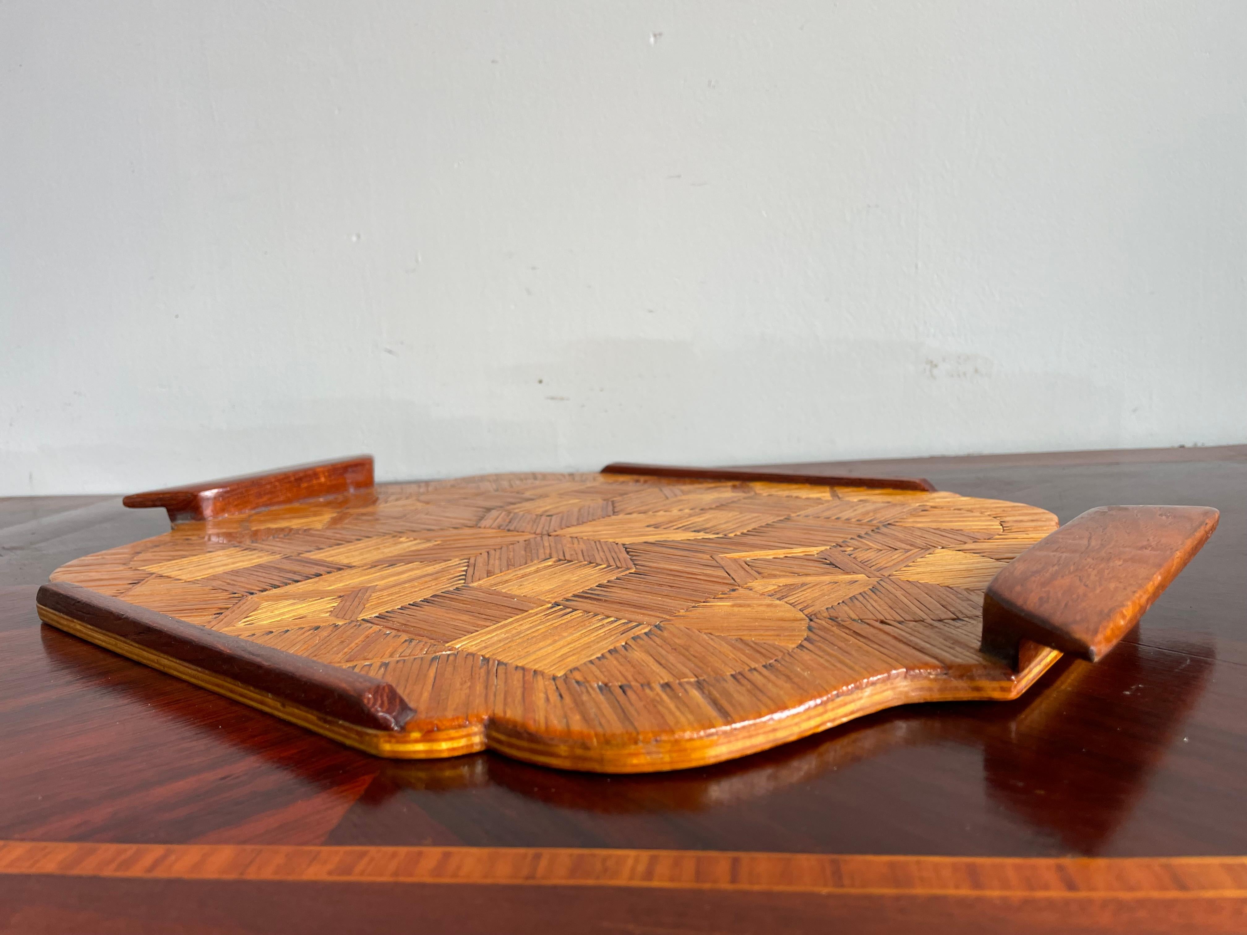 Midcentury Folk Art Serving Tray, Handmade of Burnt Matches in Parquetry Pattern For Sale 3