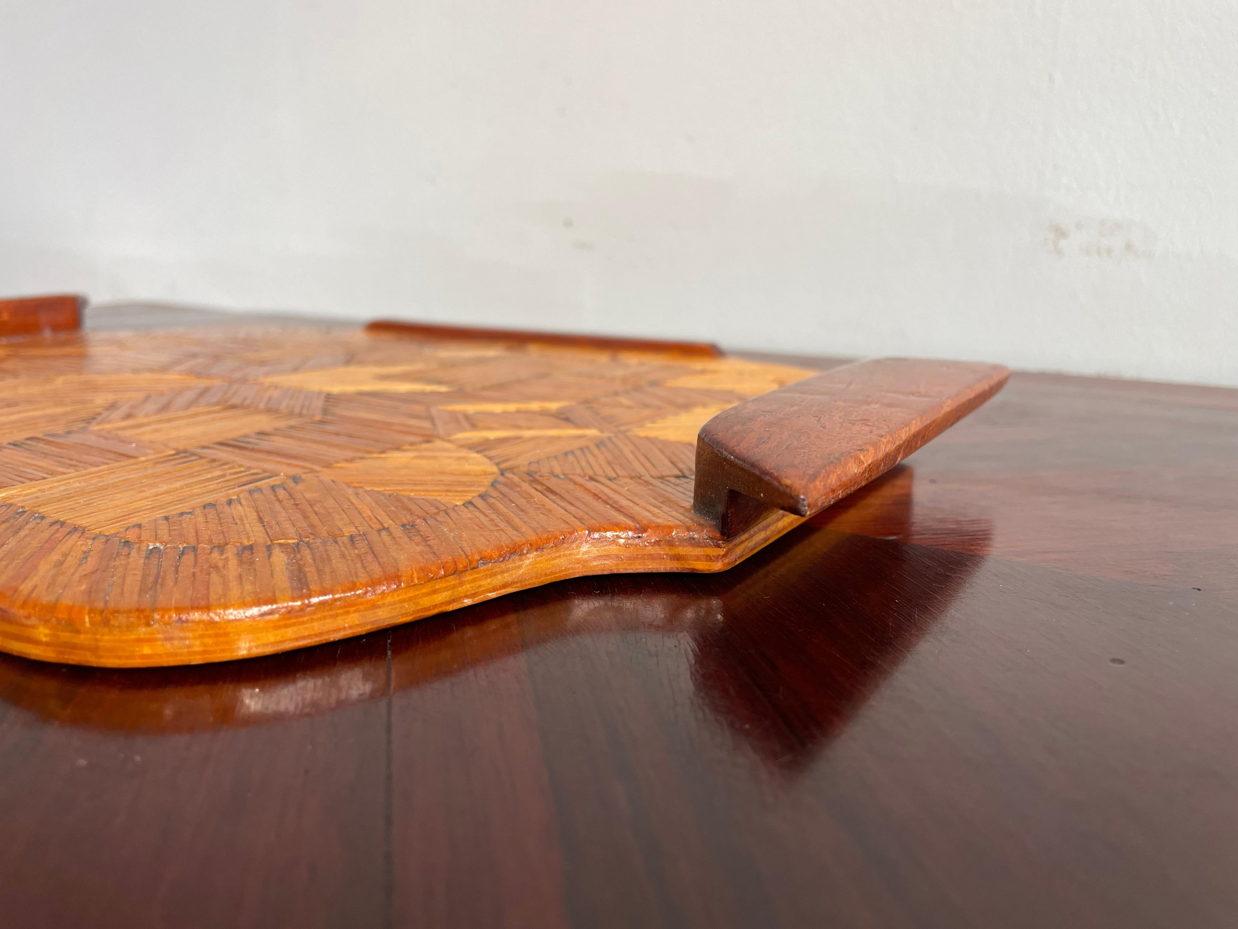 Midcentury Folk Art Serving Tray, Handmade of Burnt Matches in Parquetry Pattern For Sale 4