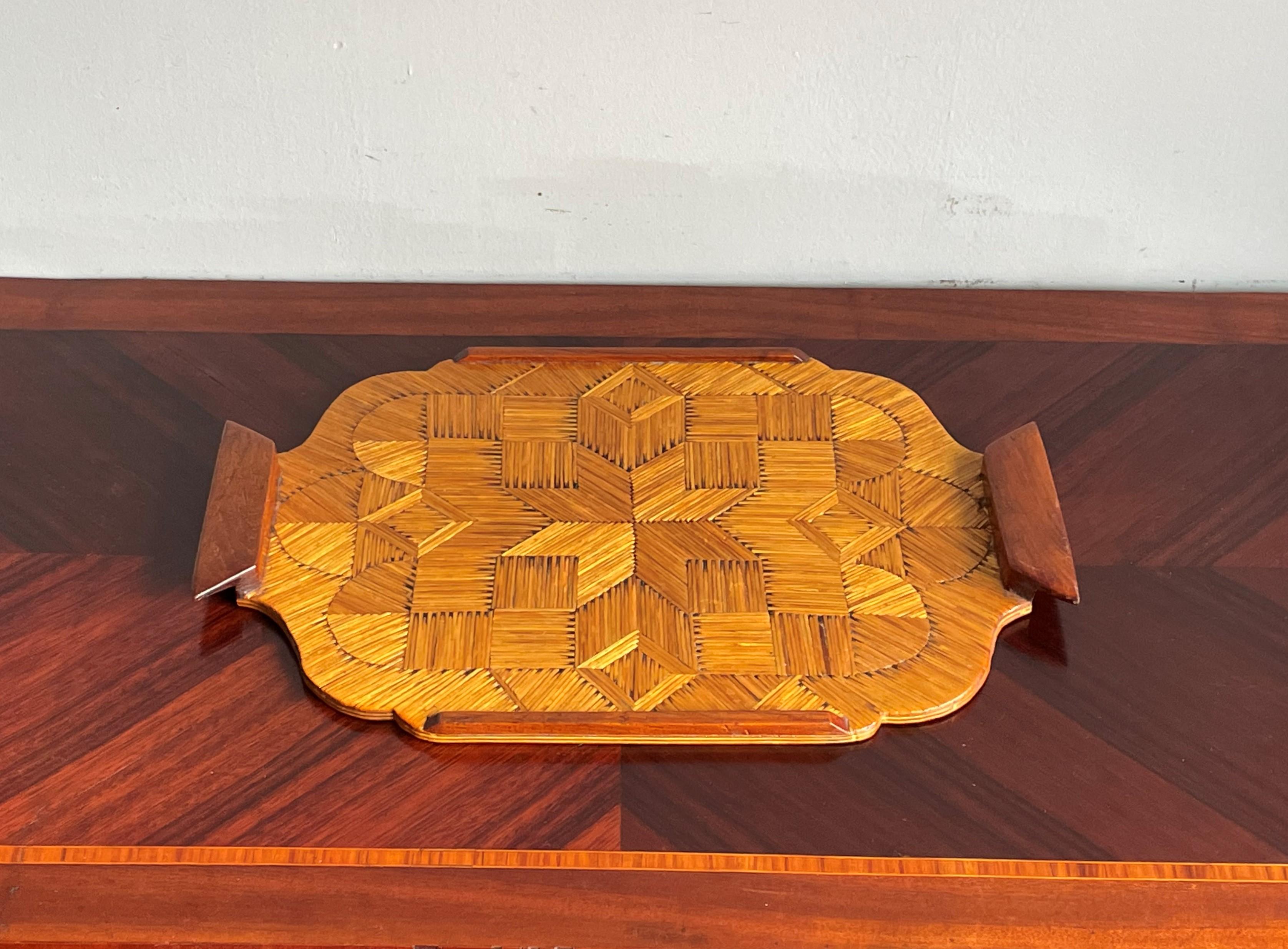 Unique midcentury folk art serving tray in superb condition.

Folk Art made of burnt matches is rare art and we have never seen a piece of this design, let alone in this amazing condition. This museum quality serving tray has been looked after