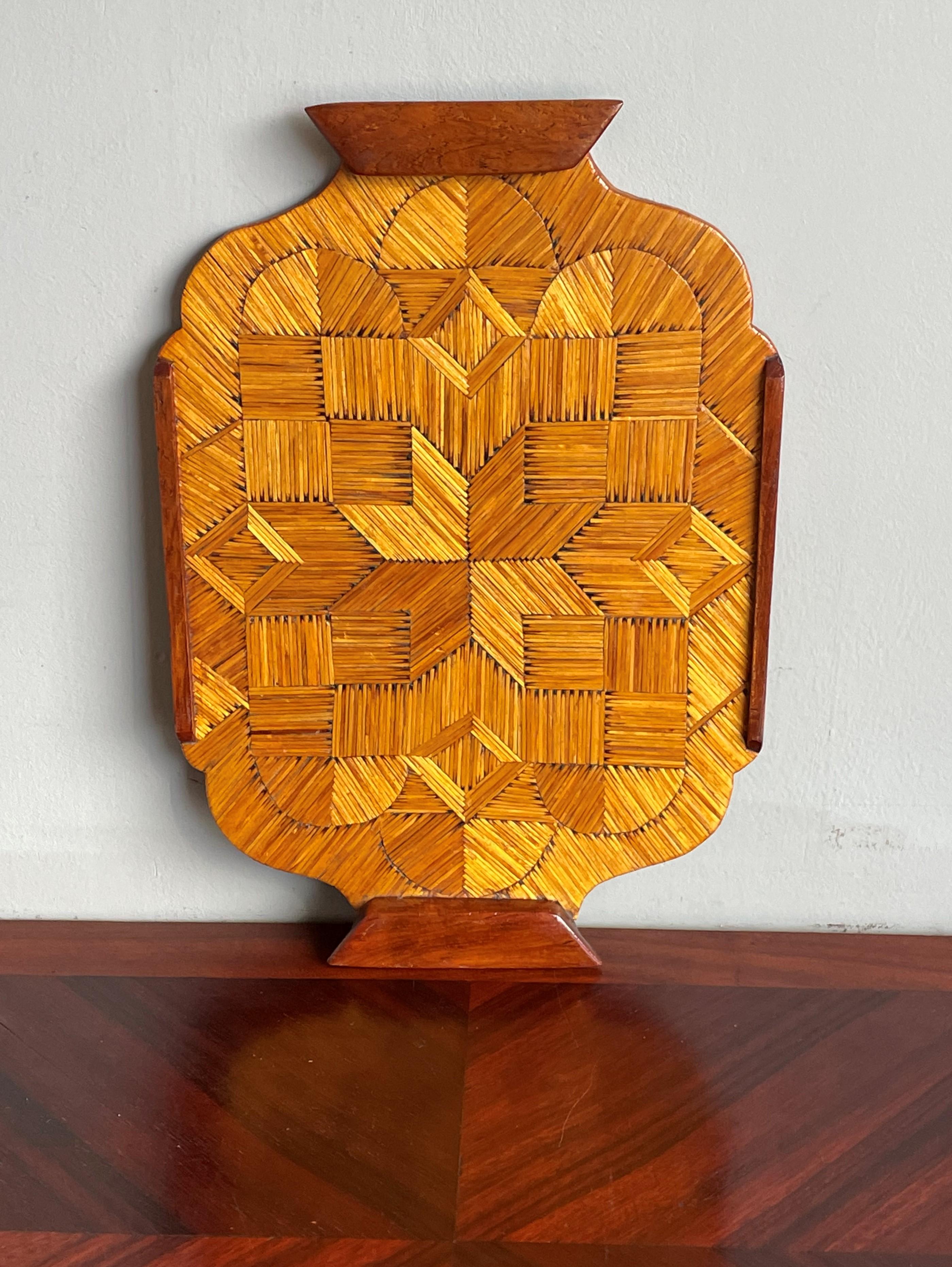 European Midcentury Folk Art Serving Tray, Handmade of Burnt Matches in Parquetry Pattern For Sale