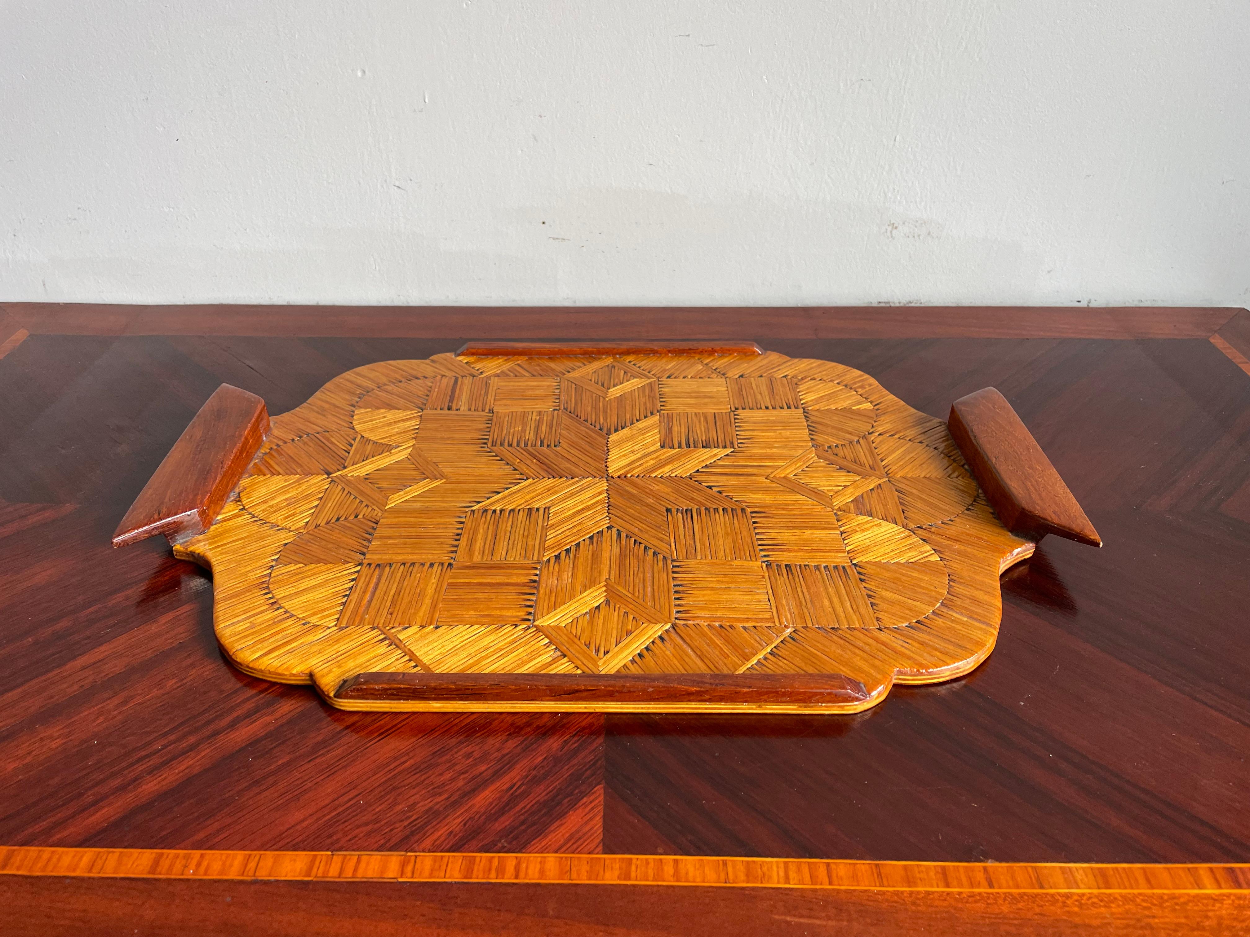 Hand-Crafted Midcentury Folk Art Serving Tray, Handmade of Burnt Matches in Parquetry Pattern For Sale
