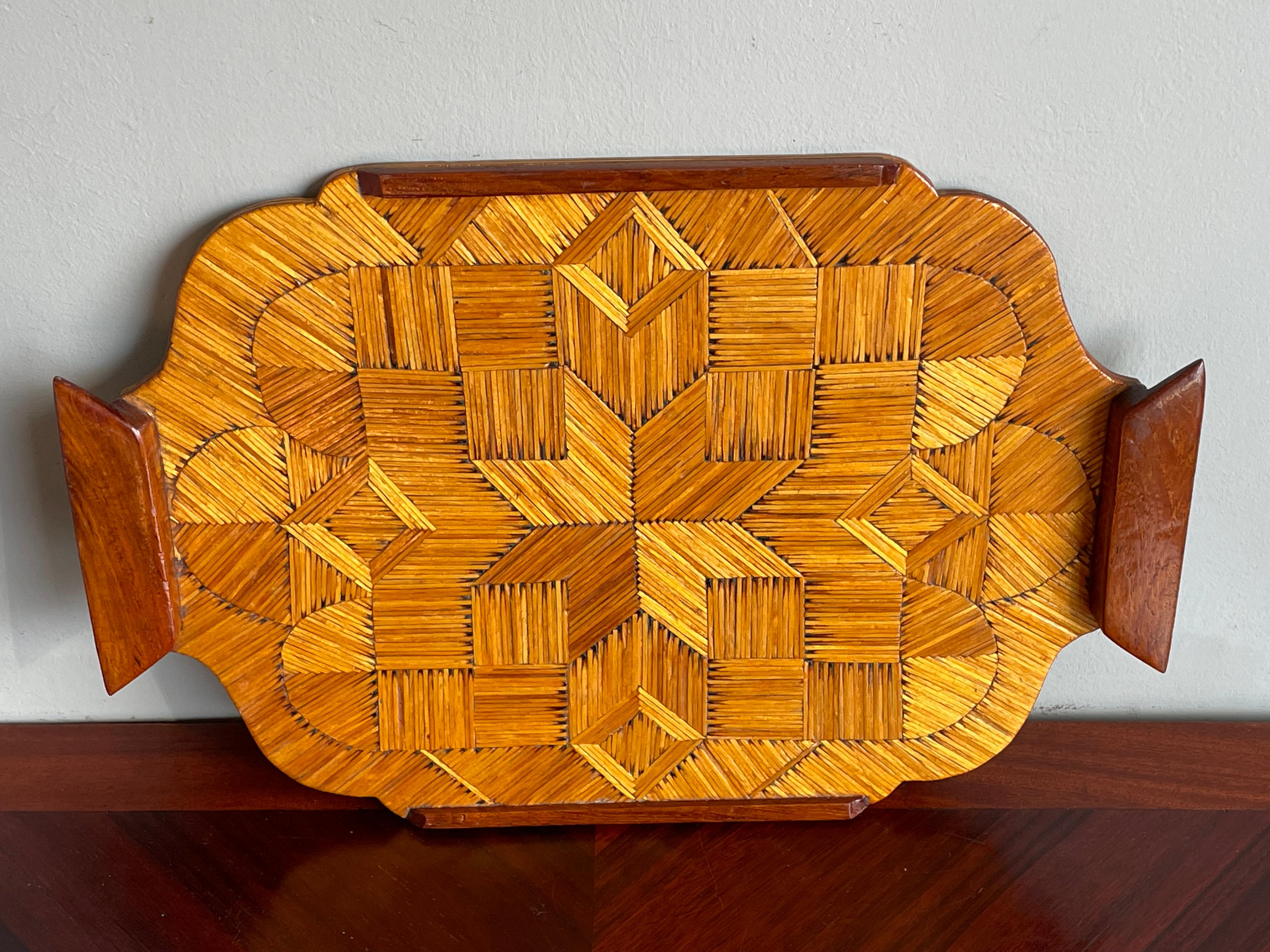 Midcentury Folk Art Serving Tray, Handmade of Burnt Matches in Parquetry Pattern In Excellent Condition For Sale In Lisse, NL