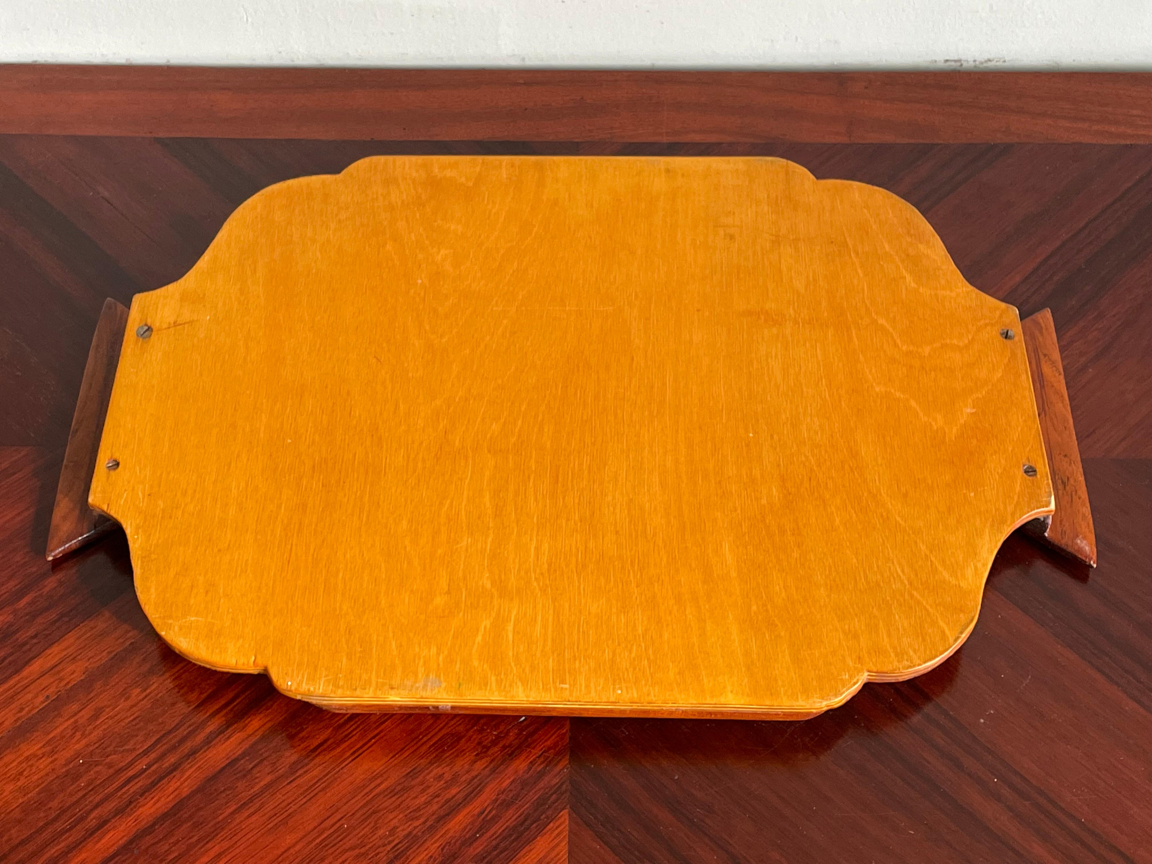 Wood Midcentury Folk Art Serving Tray, Handmade of Burnt Matches in Parquetry Pattern For Sale