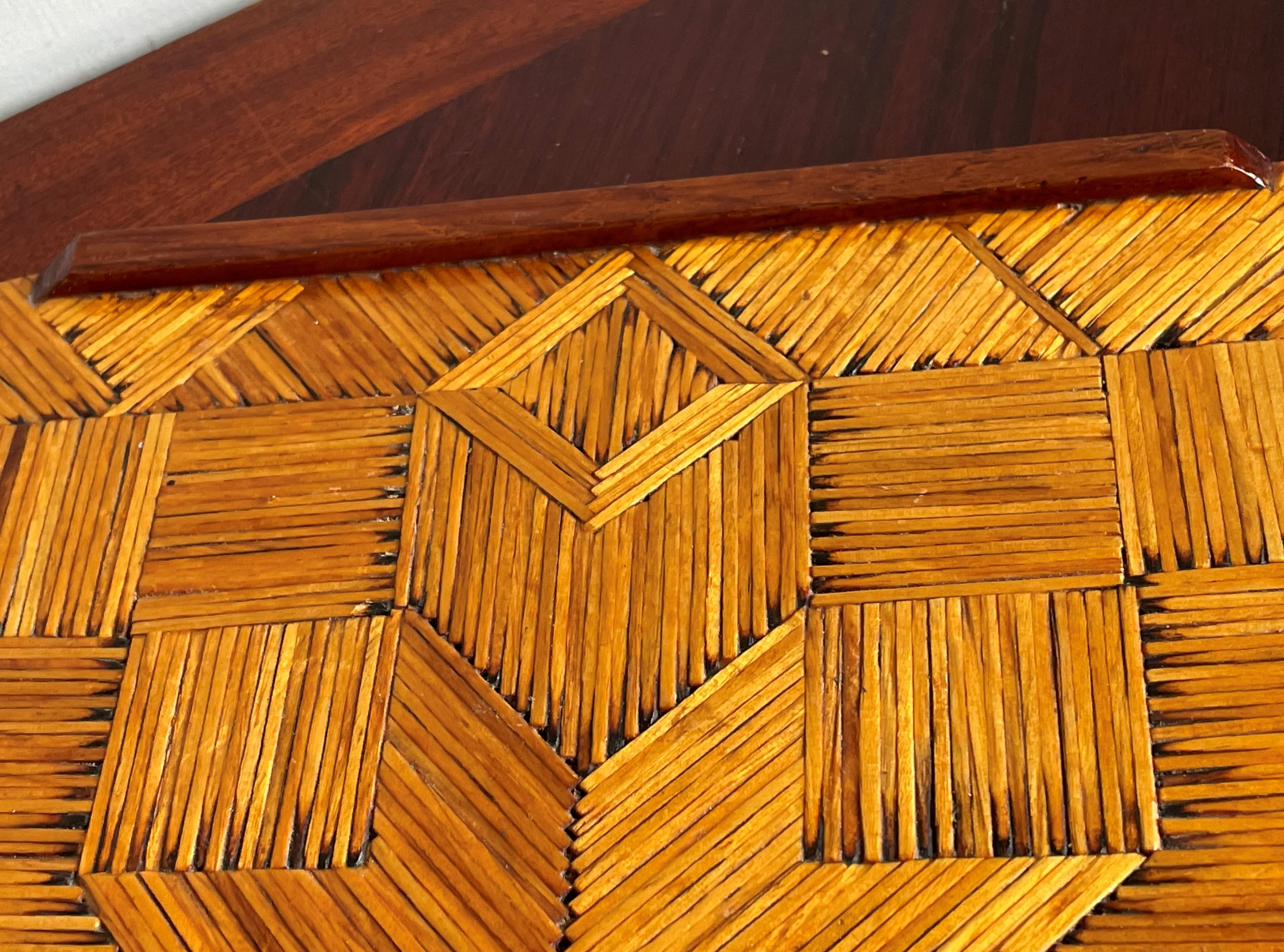 Midcentury Folk Art Serving Tray, Handmade of Burnt Matches in Parquetry Pattern For Sale 1
