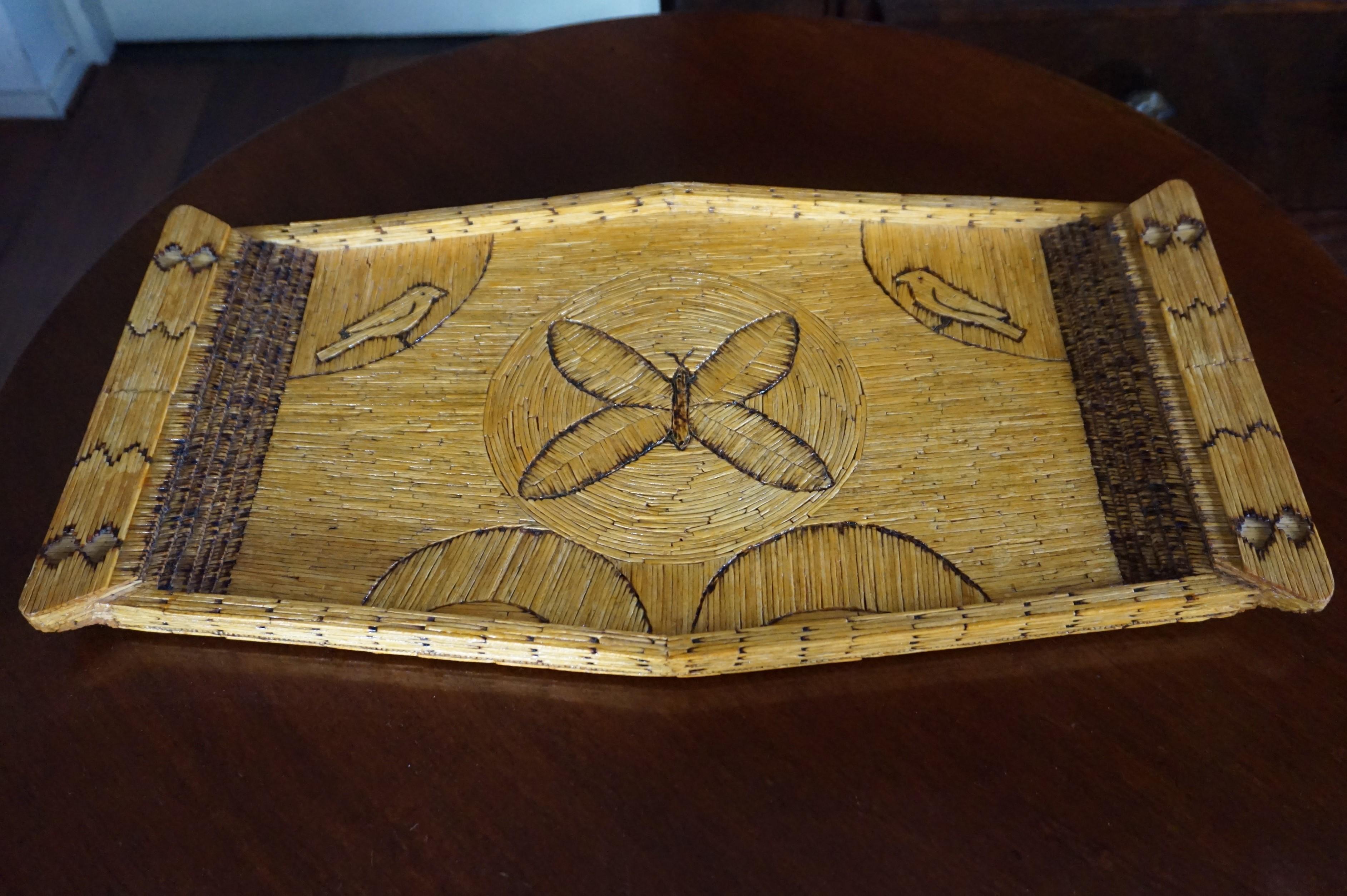 Midcentury Folk Art Serving Tray with Butterly & Birds Handmade of Burnt Matches 5
