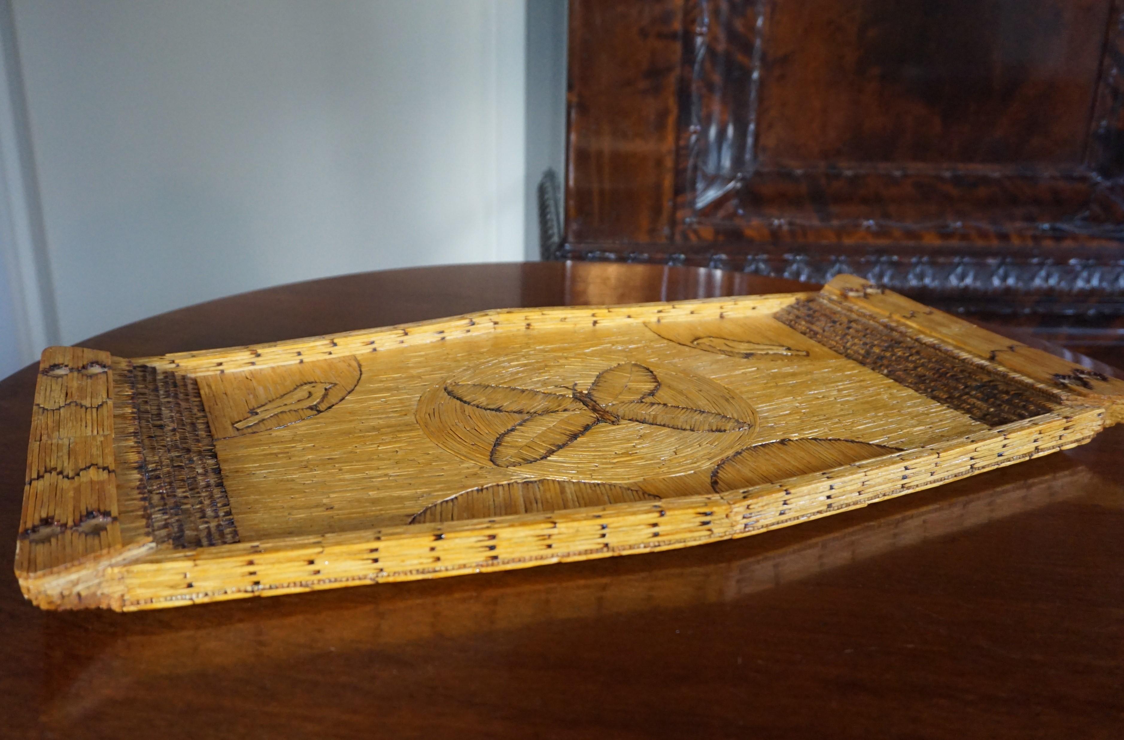 20th Century Midcentury Folk Art Serving Tray with Butterly & Birds Handmade of Burnt Matches