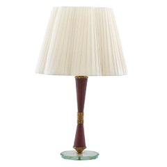 Midcentury Fontana Arte Corseted Leather, Brass and Glass Table Lamp, Silk Shade