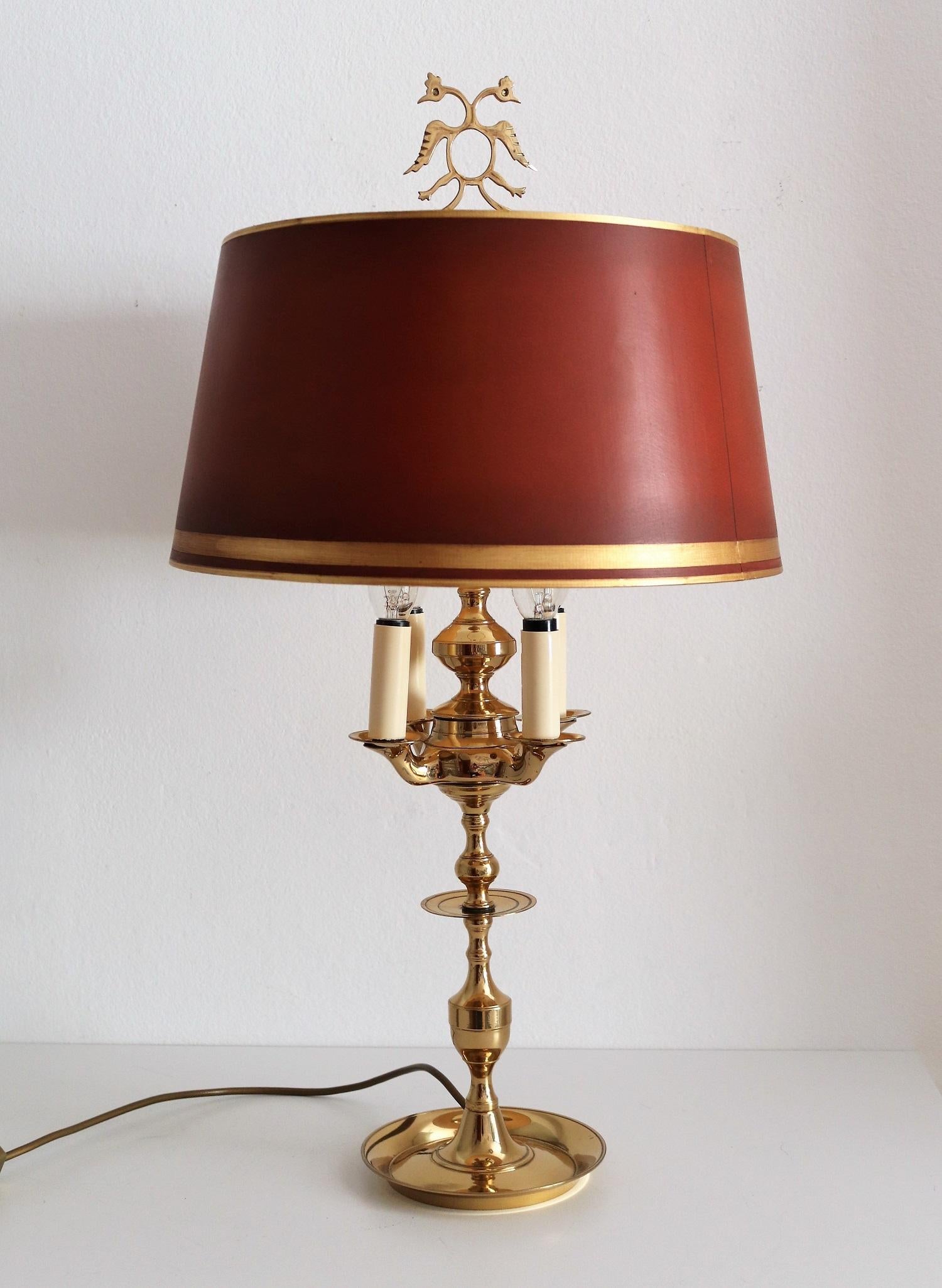 Midcentury Four-Arm Brass Bouillotte Table Lamp in Louis XVI Style, 1950s 11