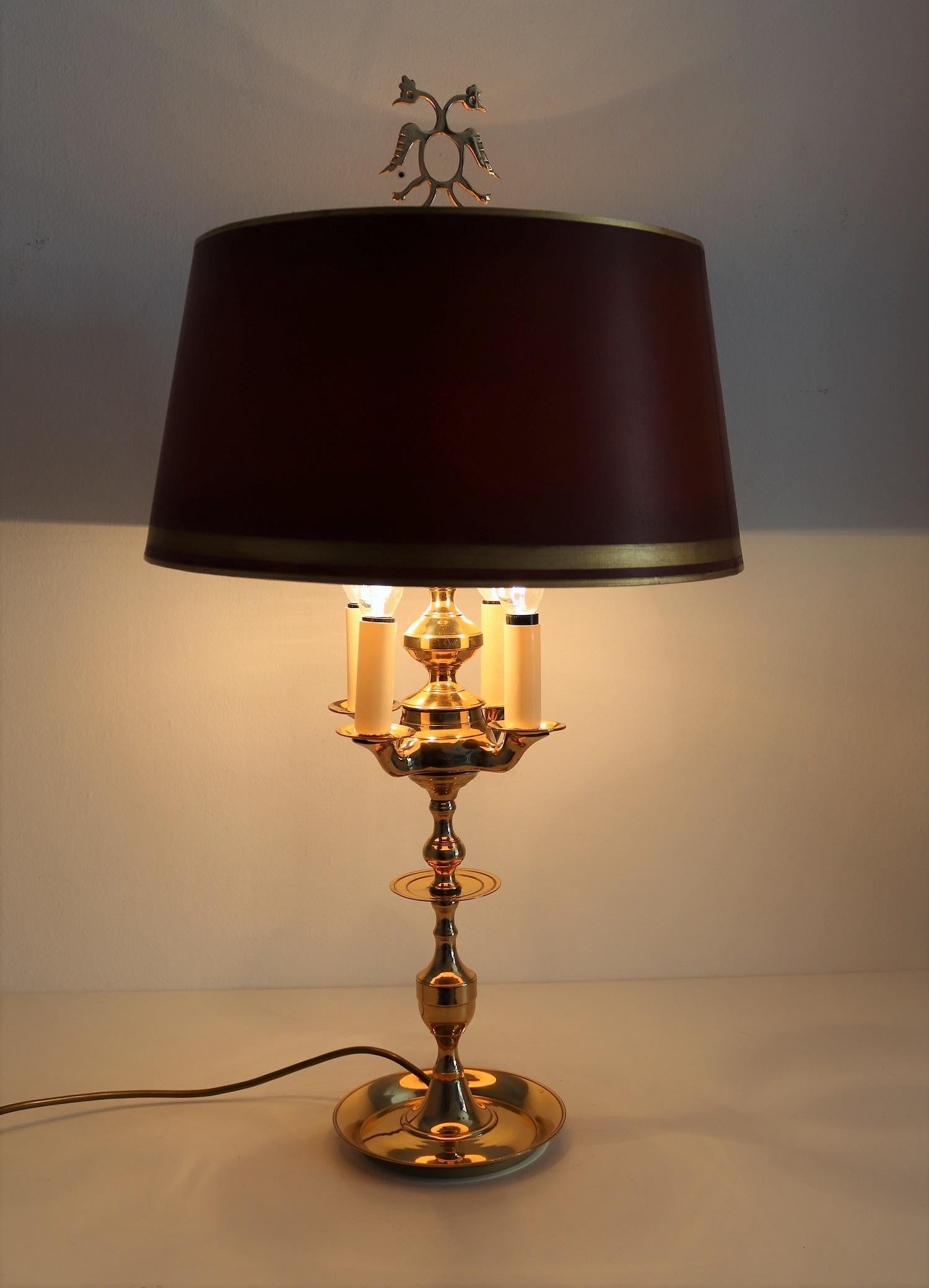 Midcentury Four-Arm Brass Bouillotte Table Lamp in Louis XVI Style, 1950s 1