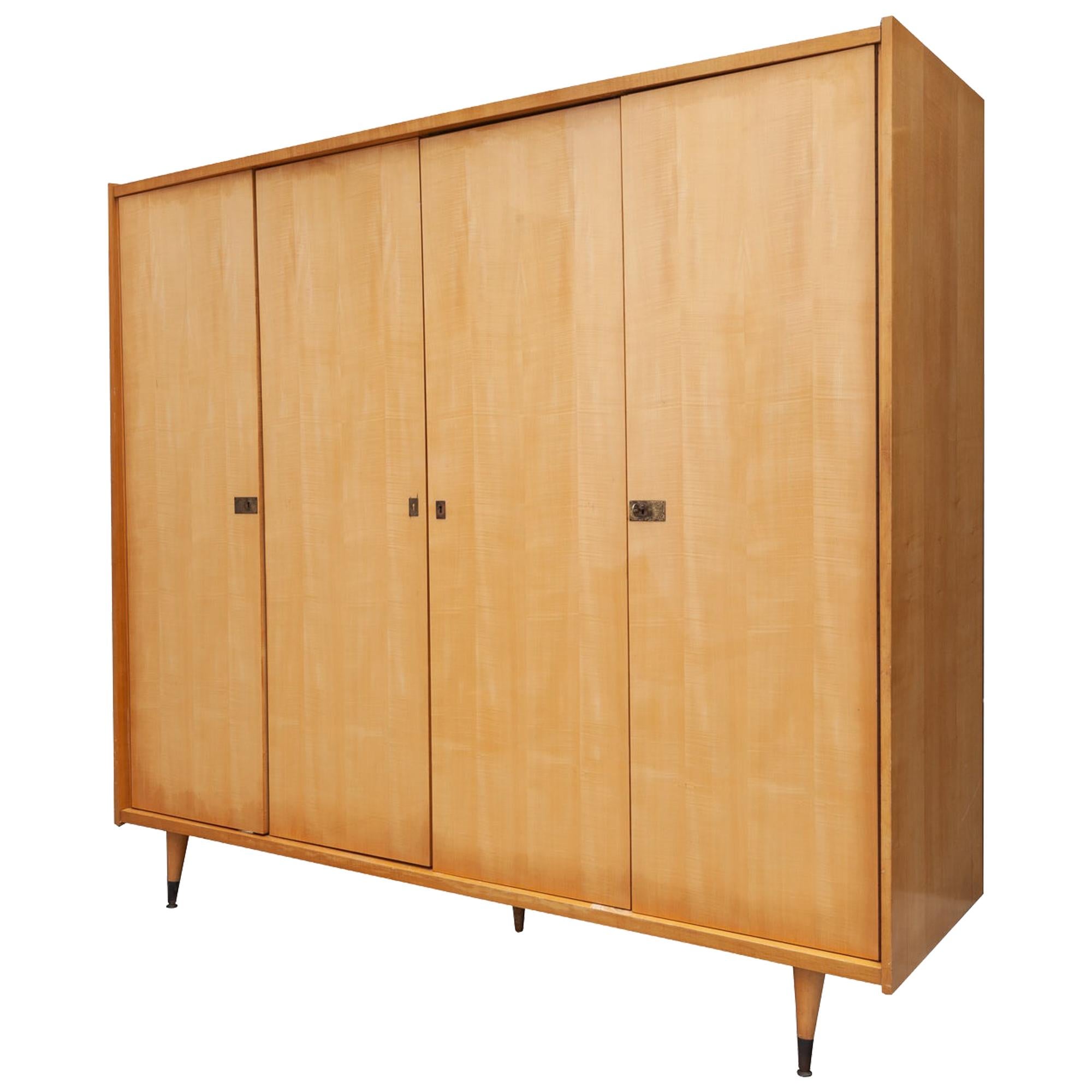 Midcentury Four Doors Sycomore Wardrobe, France