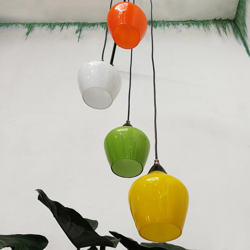 European Midcentury Four-Lights Colored Glass Ceiling Lamp, 1950s