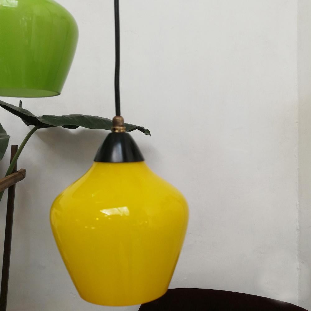 Midcentury Four-Lights Colored Glass Ceiling Lamp, 1950s In Good Condition In MIlano, IT