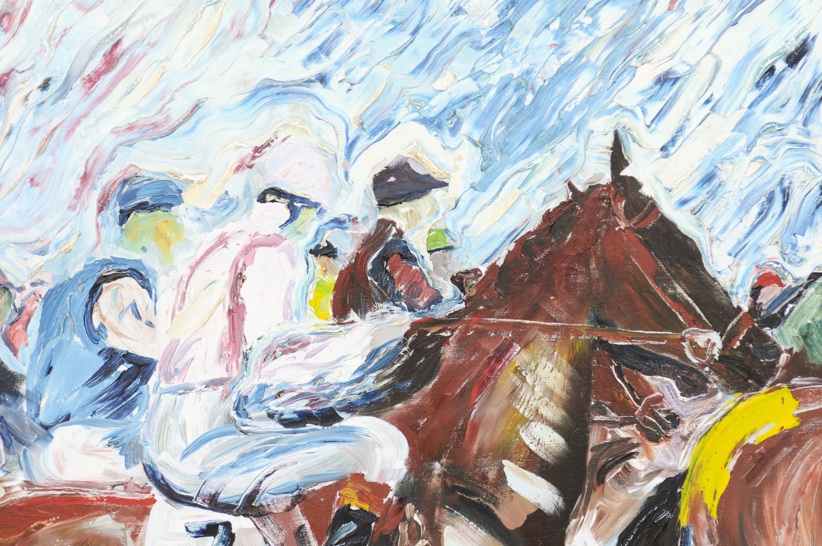 Midcentury Framed Oil on Canvas Painting Depicting Jockeys Riding Their Horses 5