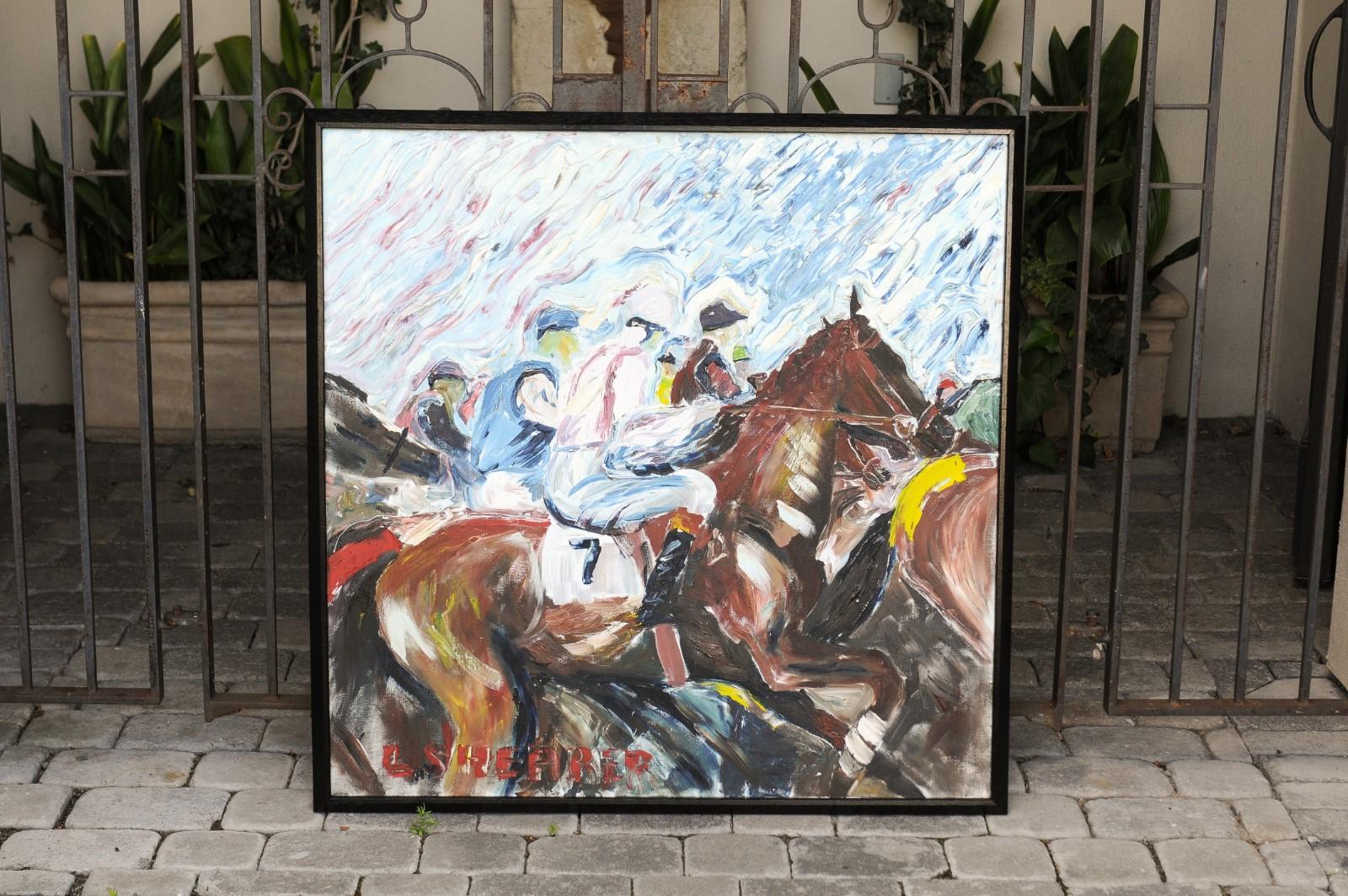 A framed oil on canvas horse racing painting from the mid-20th century, depicting jockeys on their horses. Born during the midcentury period, this lovely oil on canvas painting features a palette made of blue, white, brown and red tones among