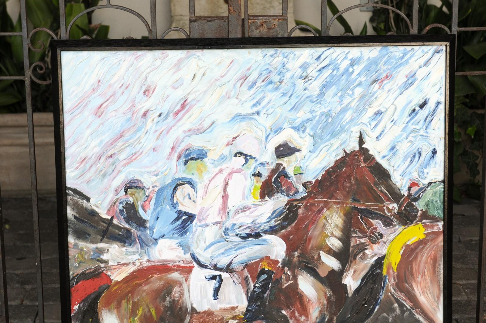 Midcentury Framed Oil on Canvas Painting Depicting Jockeys Riding Their Horses In Good Condition In Atlanta, GA
