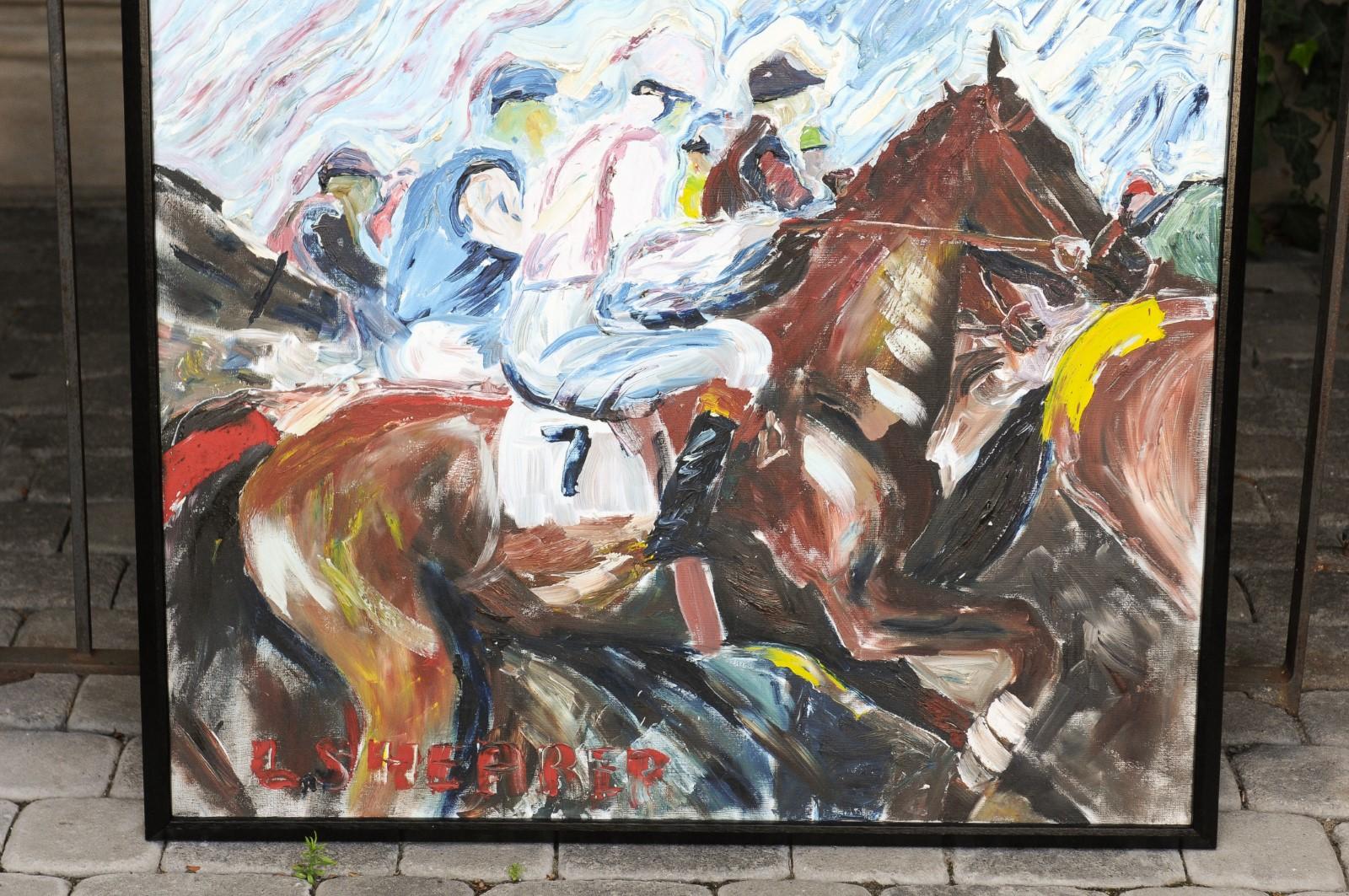 20th Century Midcentury Framed Oil on Canvas Painting Depicting Jockeys Riding Their Horses