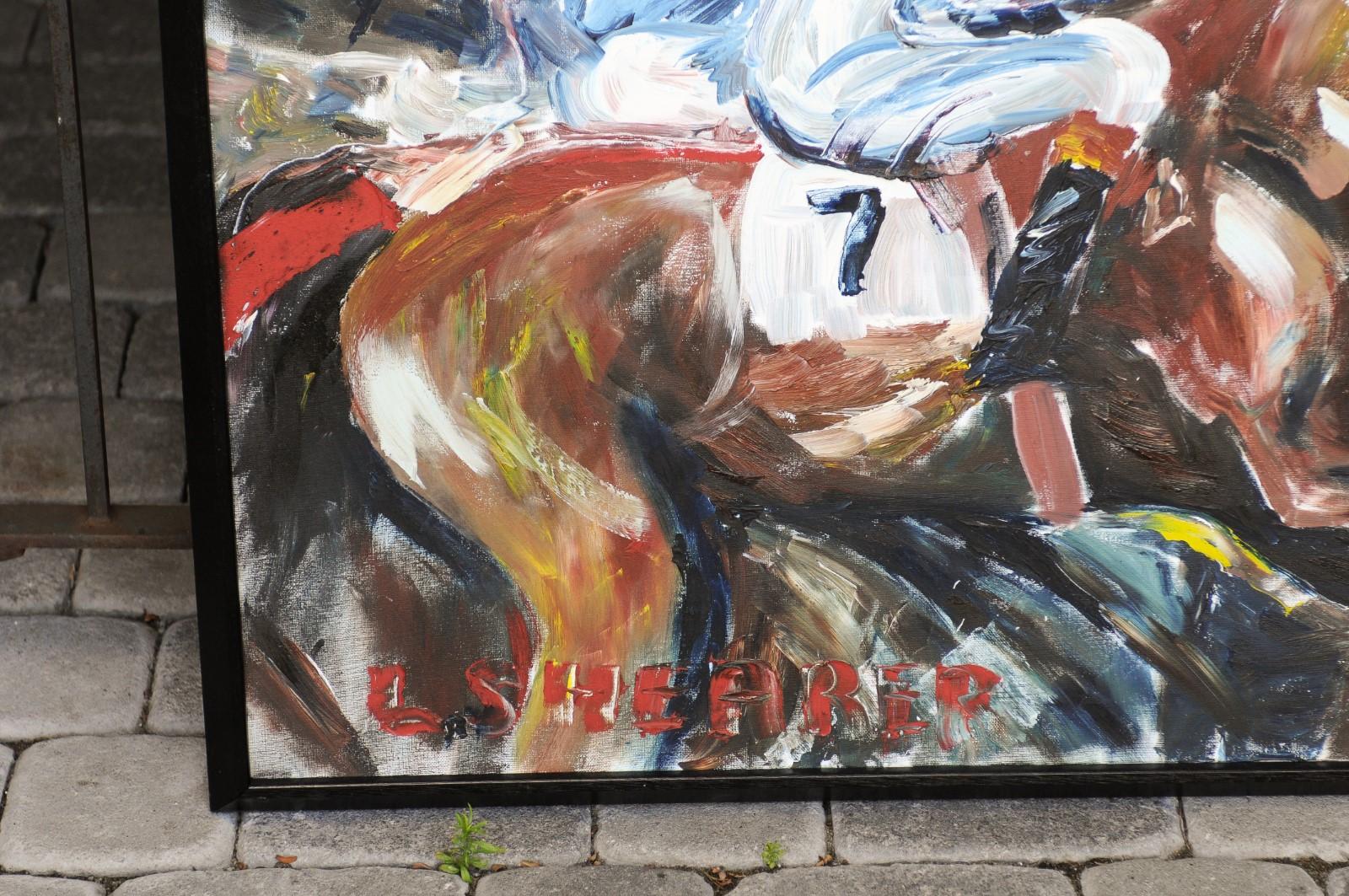 Midcentury Framed Oil on Canvas Painting Depicting Jockeys Riding Their Horses 1
