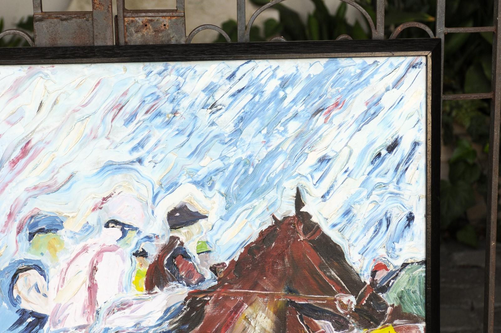 Midcentury Framed Oil on Canvas Painting Depicting Jockeys Riding Their Horses 3