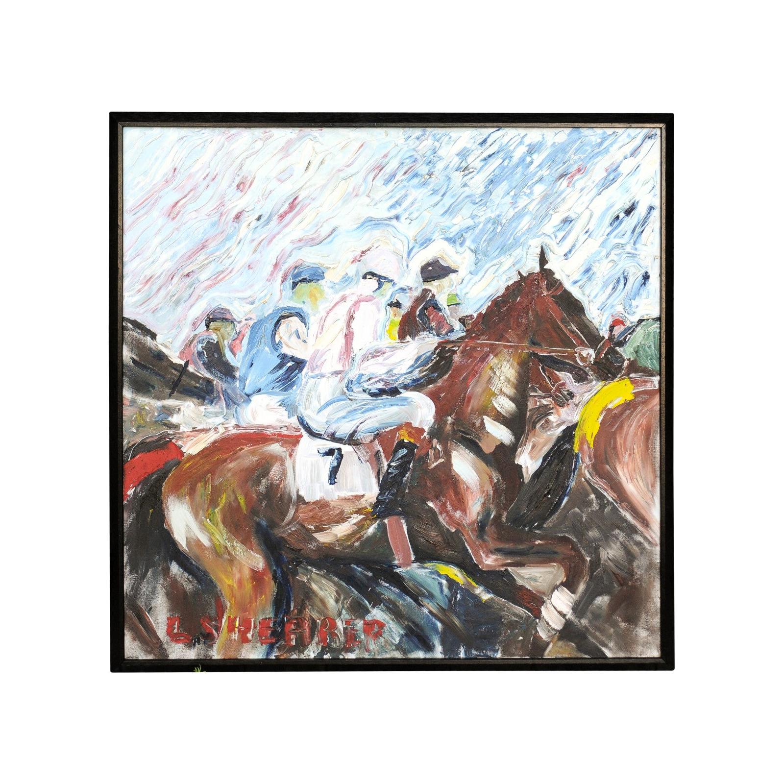 Midcentury Framed Oil on Canvas Painting Depicting Jockeys Riding Their Horses