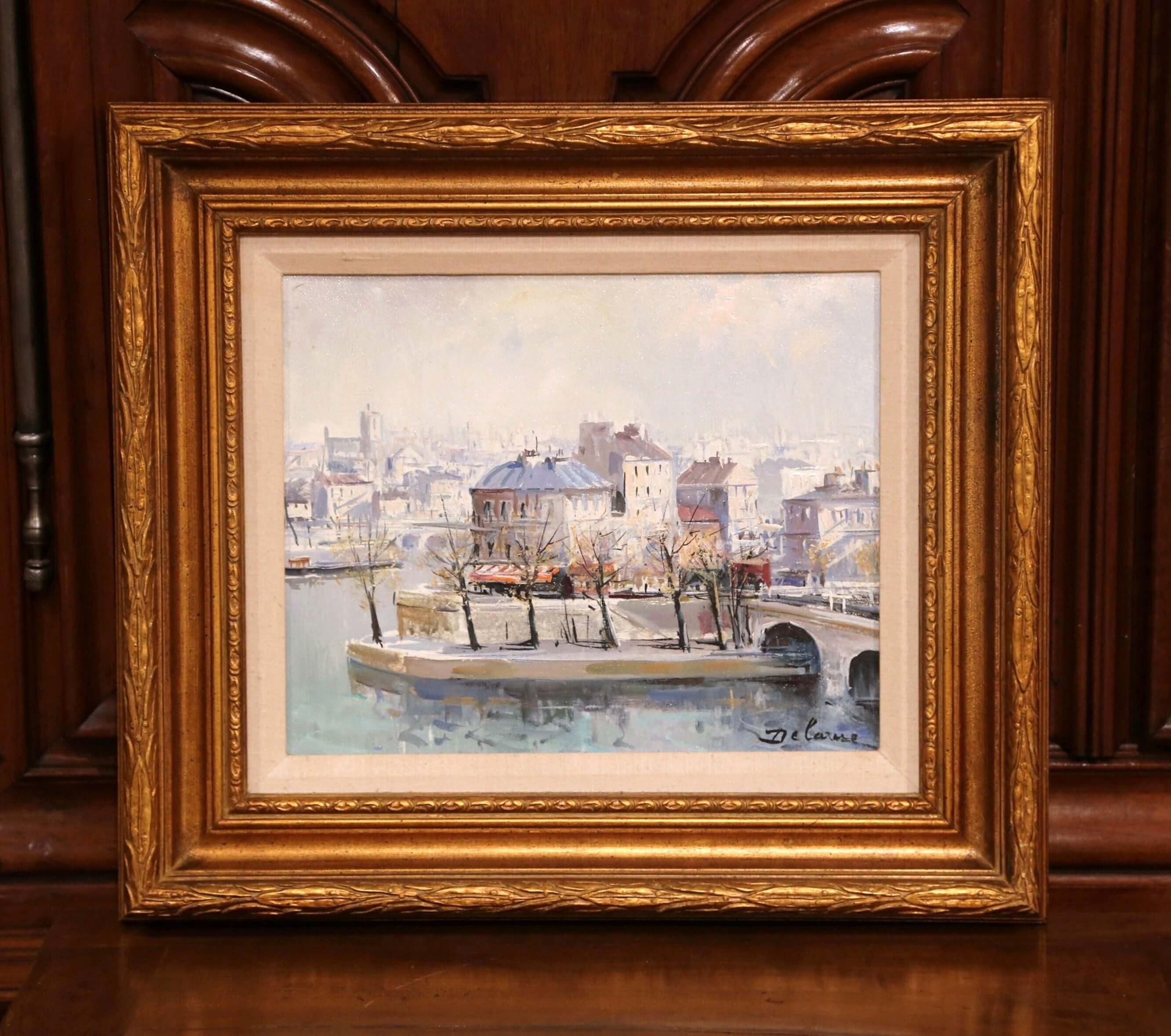 Doré Peinture à l'huile encadrée, du milieu du siècle dernier, « L'Ile Saint-Louis, Paris » signée L. Delarue en vente