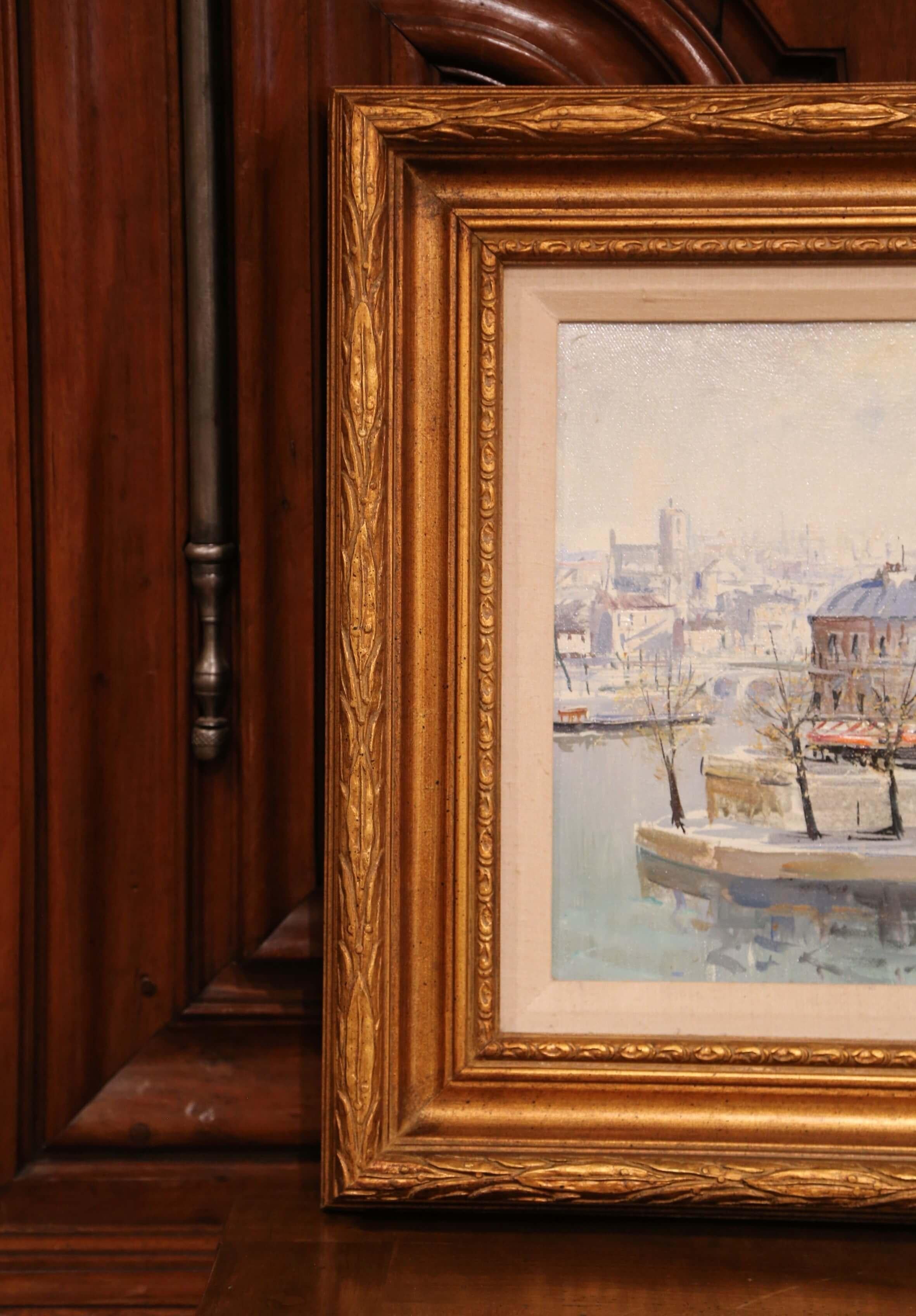 Peinture à l'huile encadrée, du milieu du siècle dernier, « L'Ile Saint-Louis, Paris » signée L. Delarue Excellent état - En vente à Dallas, TX