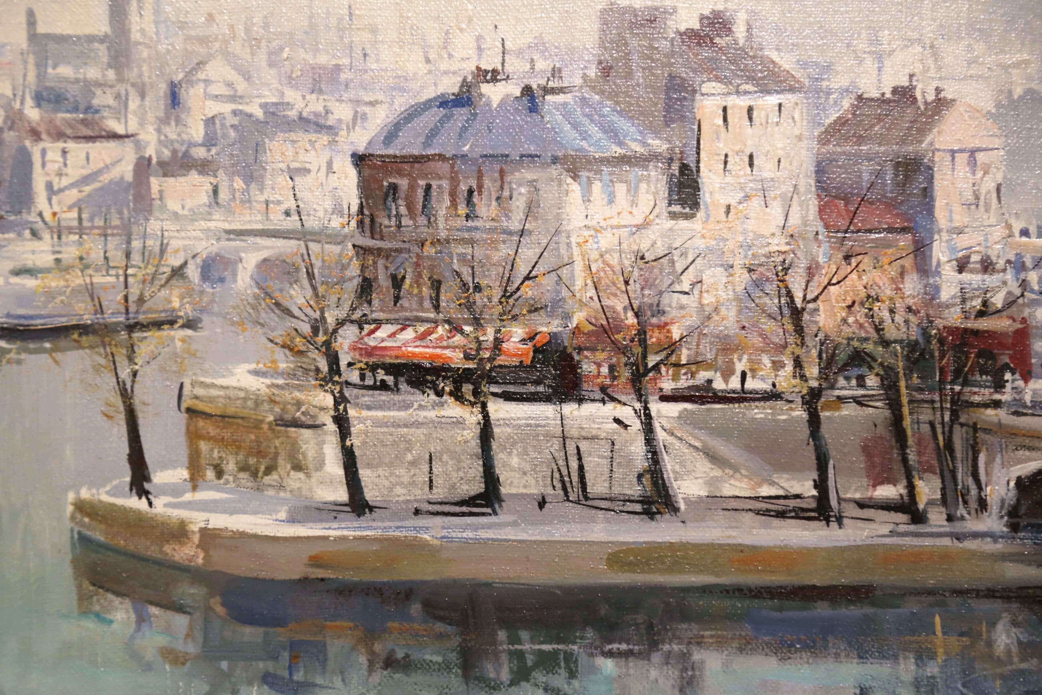 20ième siècle Peinture à l'huile encadrée, du milieu du siècle dernier, « L'Ile Saint-Louis, Paris » signée L. Delarue en vente