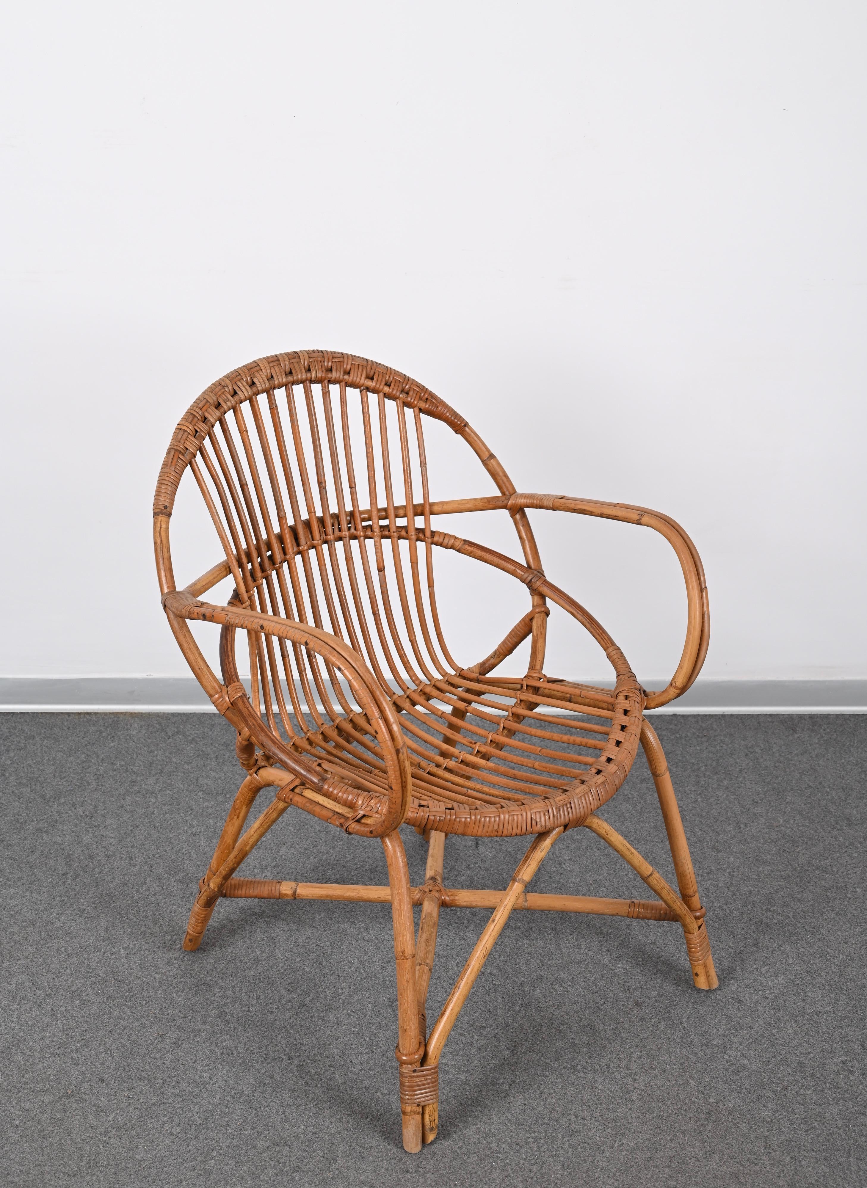 Midcentury Franco Albini Rattan and Bamboo Shell-Shaped Armchair, Italy, 1950s For Sale 4