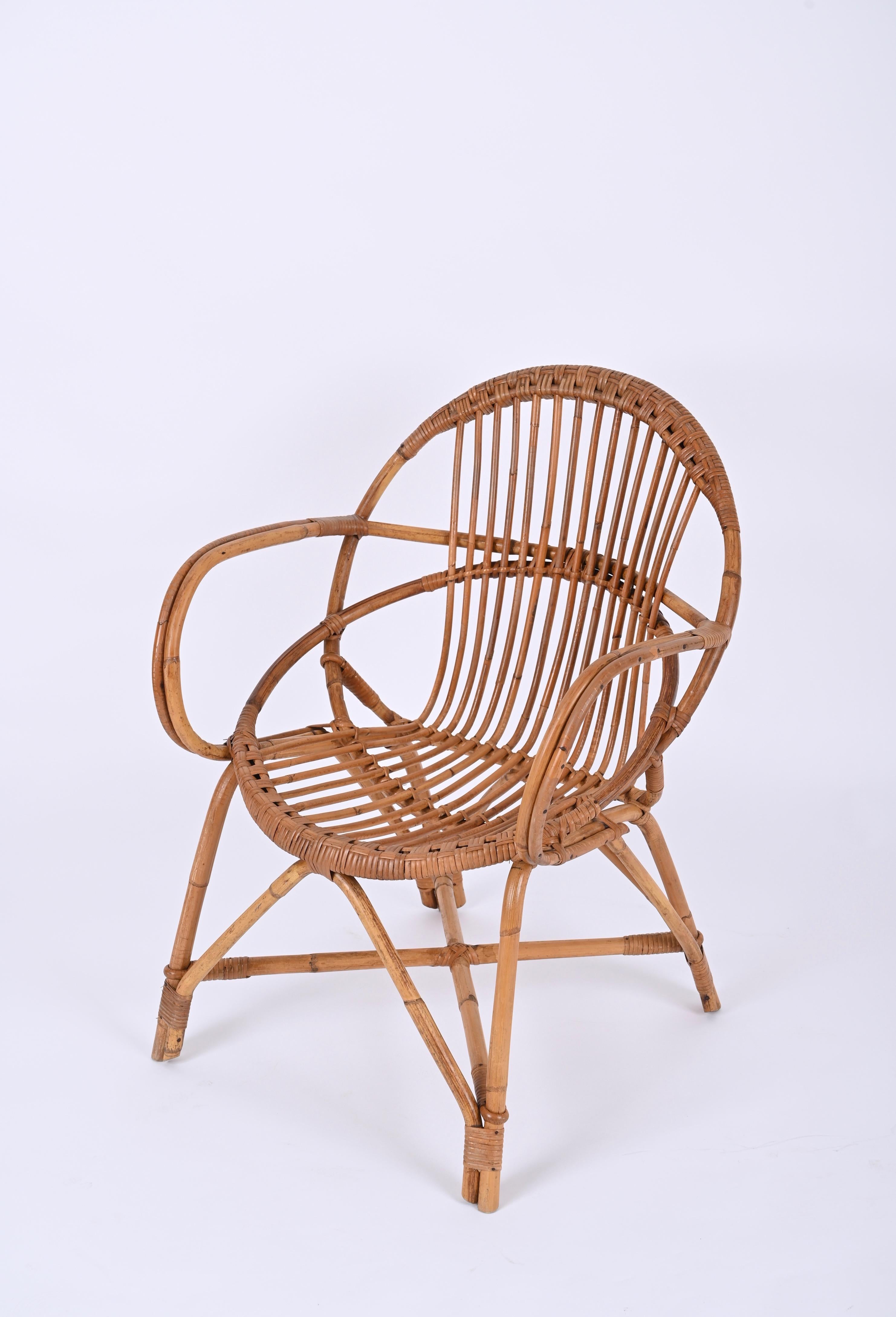 Midcentury Franco Albini Rattan and Bamboo Shell-Shaped Armchair, Italy, 1950s For Sale 8