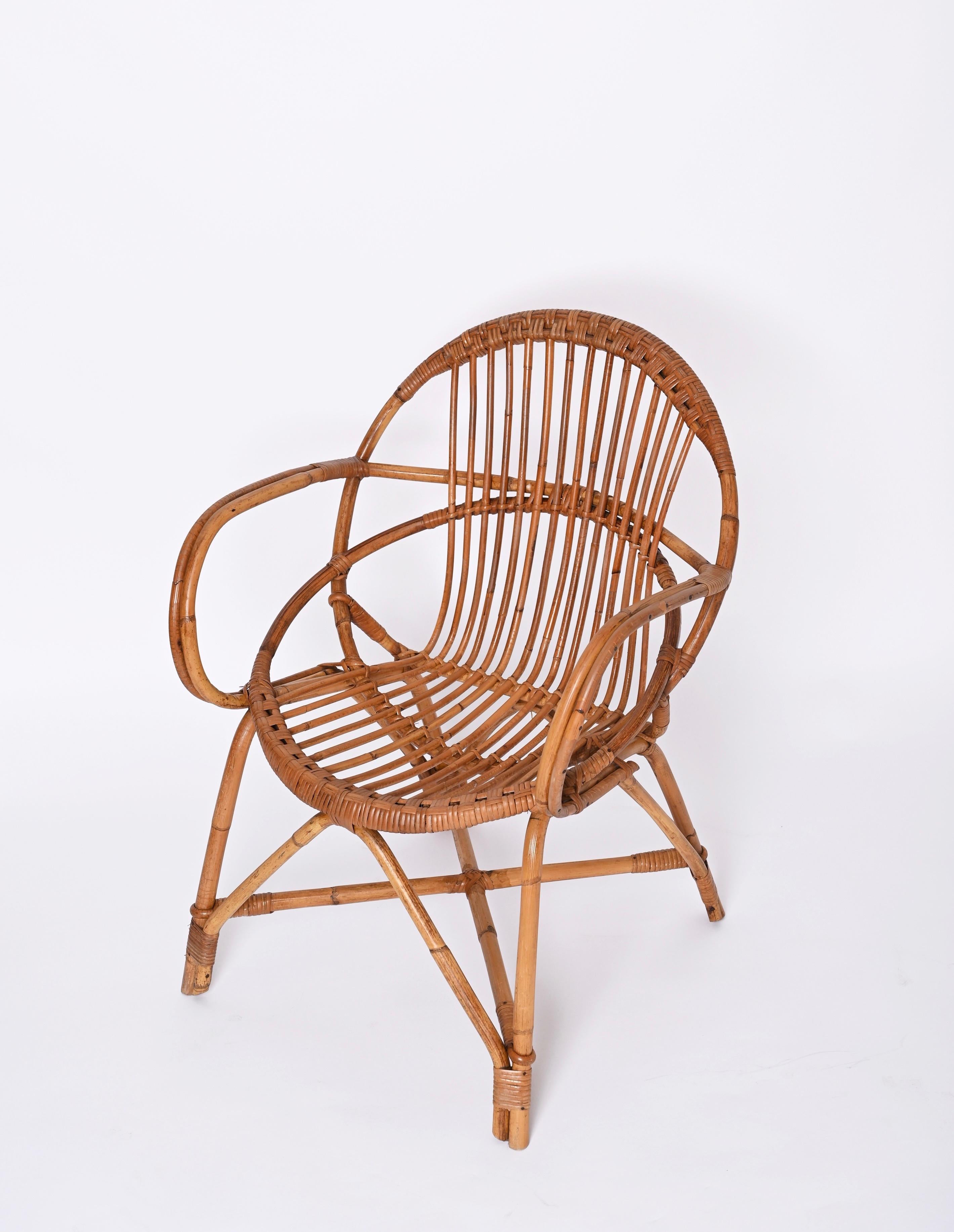 Midcentury Franco Albini Rattan and Bamboo Shell-Shaped Armchair, Italy, 1950s For Sale 9