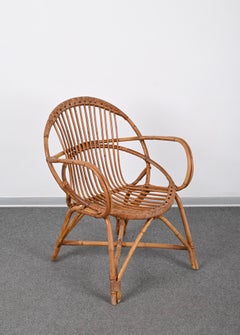 Fauteuil en forme de coquille en bambou et en rotin, Italie, années 1950