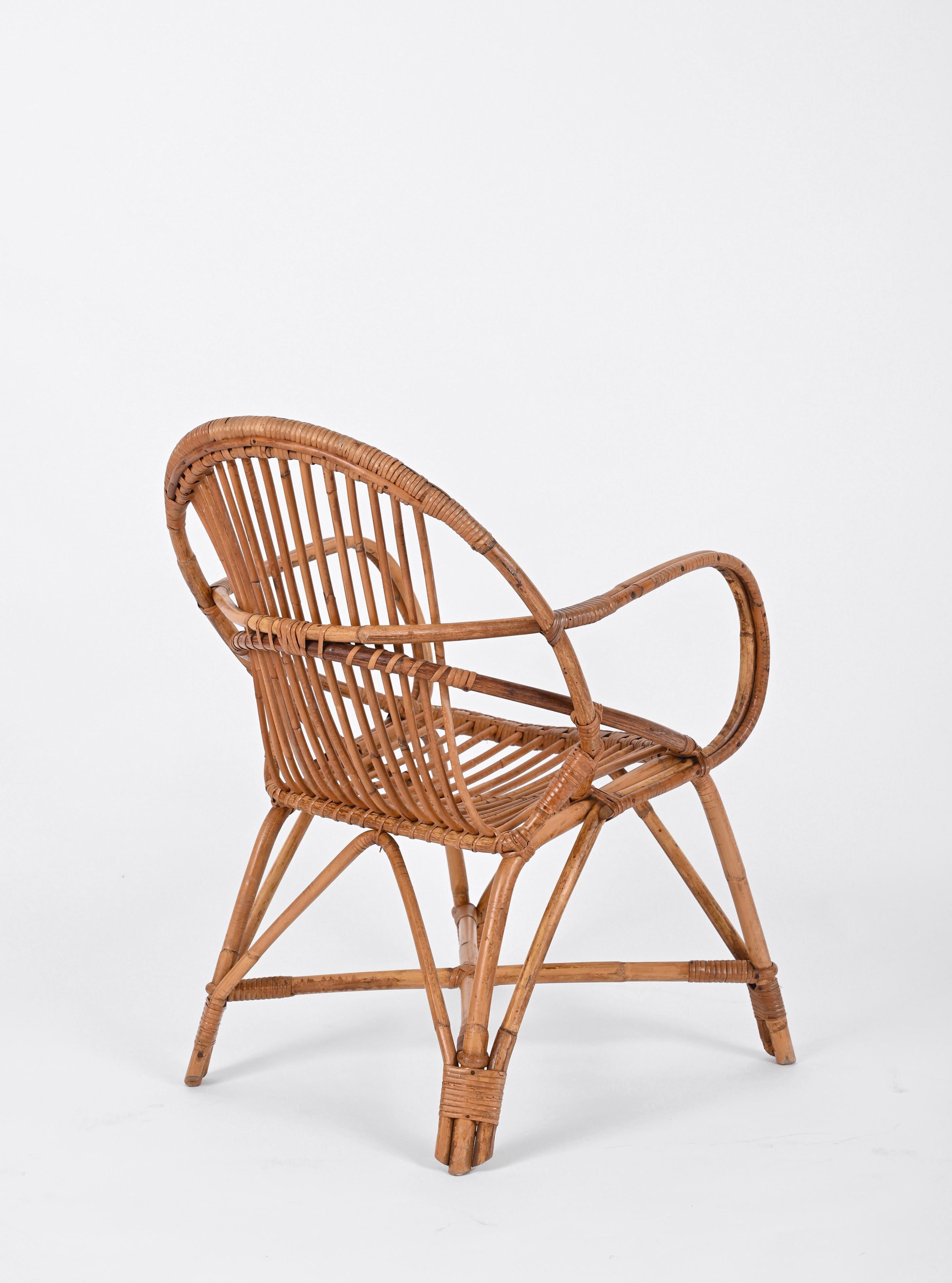 Mid-Century Modern Midcentury Franco Albini Rattan and Bamboo Shell-Shaped Armchair, Italy, 1950s For Sale