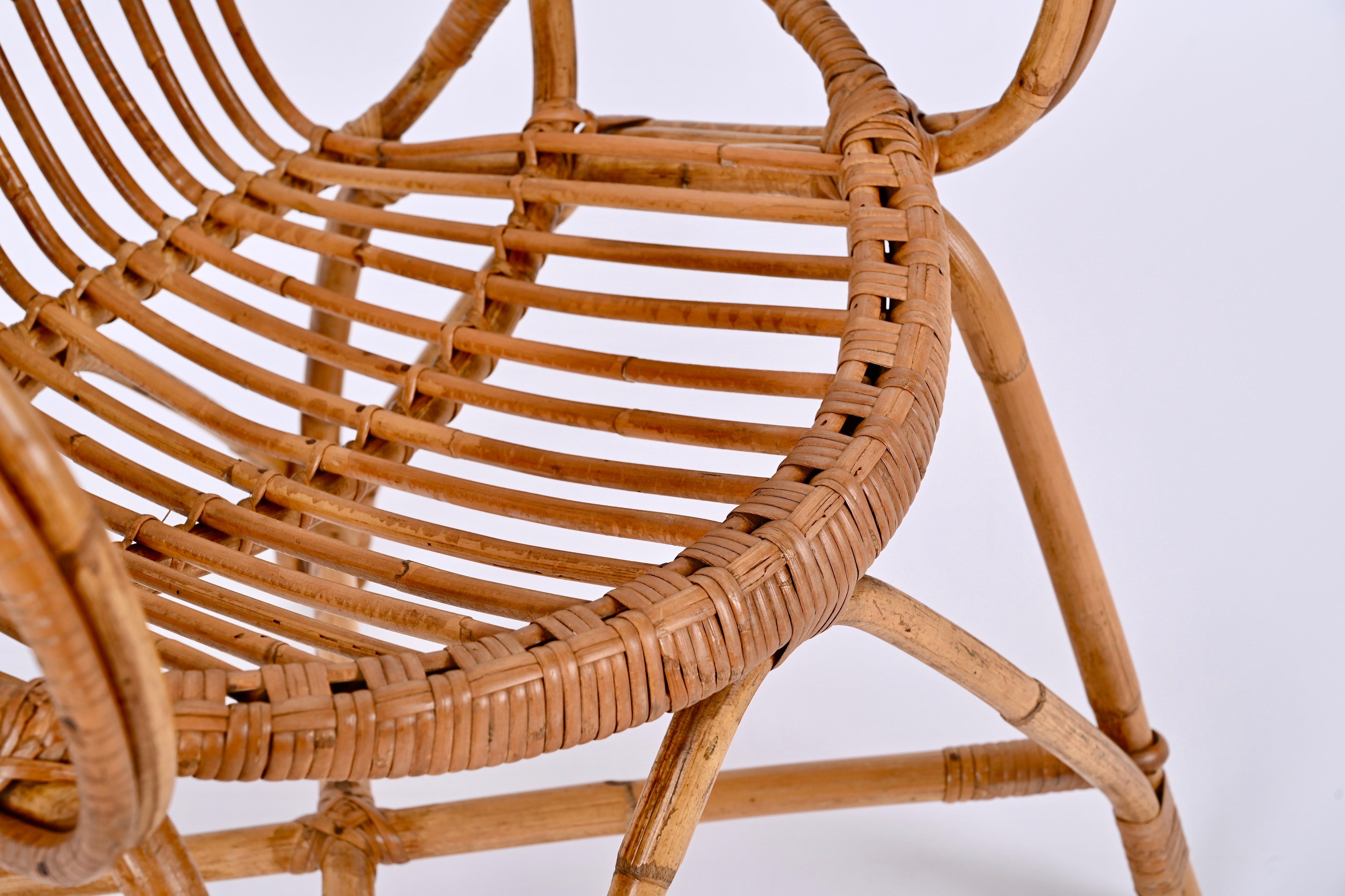 Italian Midcentury Franco Albini Rattan and Bamboo Shell-Shaped Armchair, Italy, 1950s For Sale