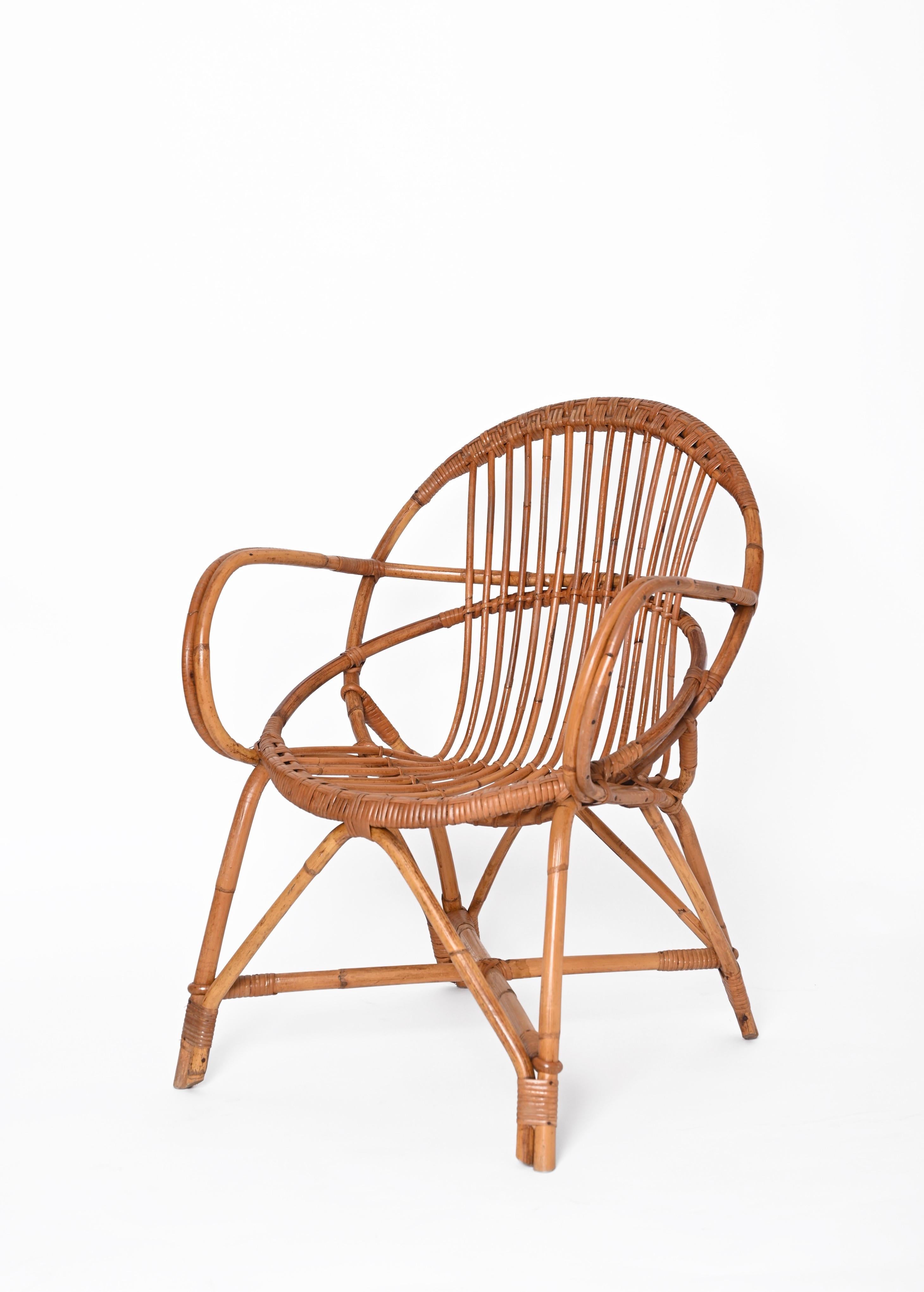 Midcentury Franco Albini Rattan and Bamboo Shell-Shaped Armchair, Italy, 1950s For Sale 3