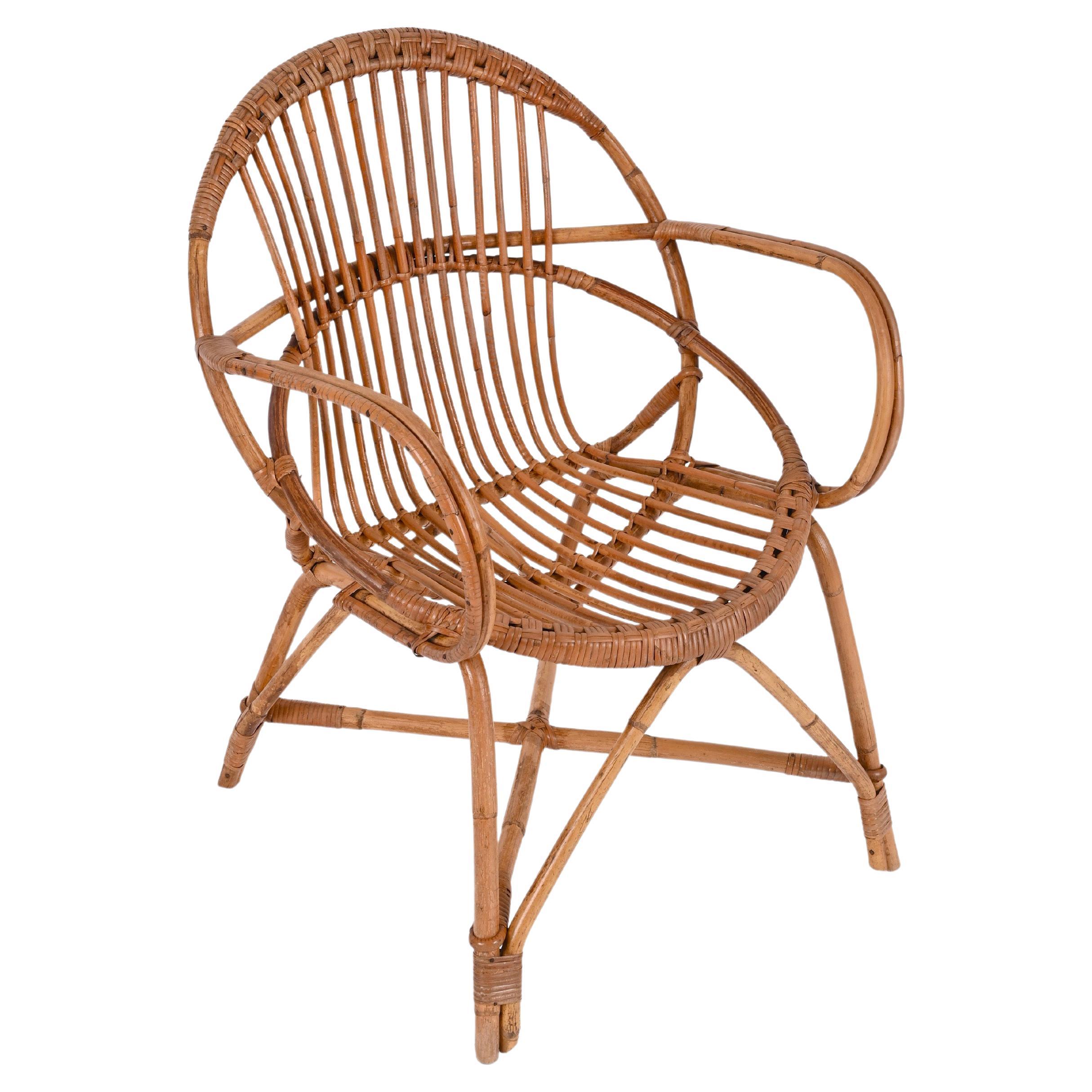 Midcentury Franco Albini Rattan and Bamboo Shell-Shaped Armchair, Italy, 1950s For Sale
