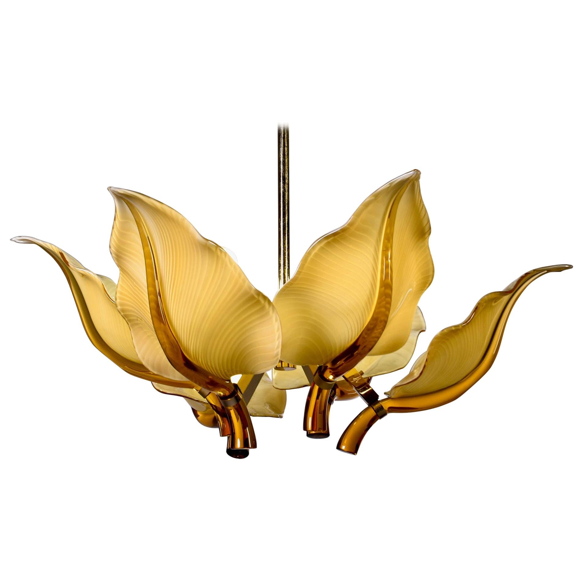 Midcentury Franco Luce for Seguso Amber Glass Leaf Six Light Fixture