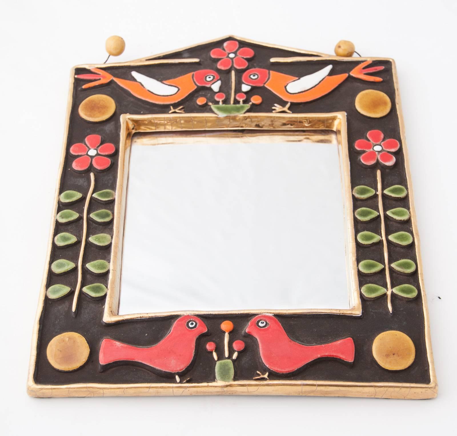 French Midcentury Francois Lembo Rectangular Multi-Color Ceramic Mirror