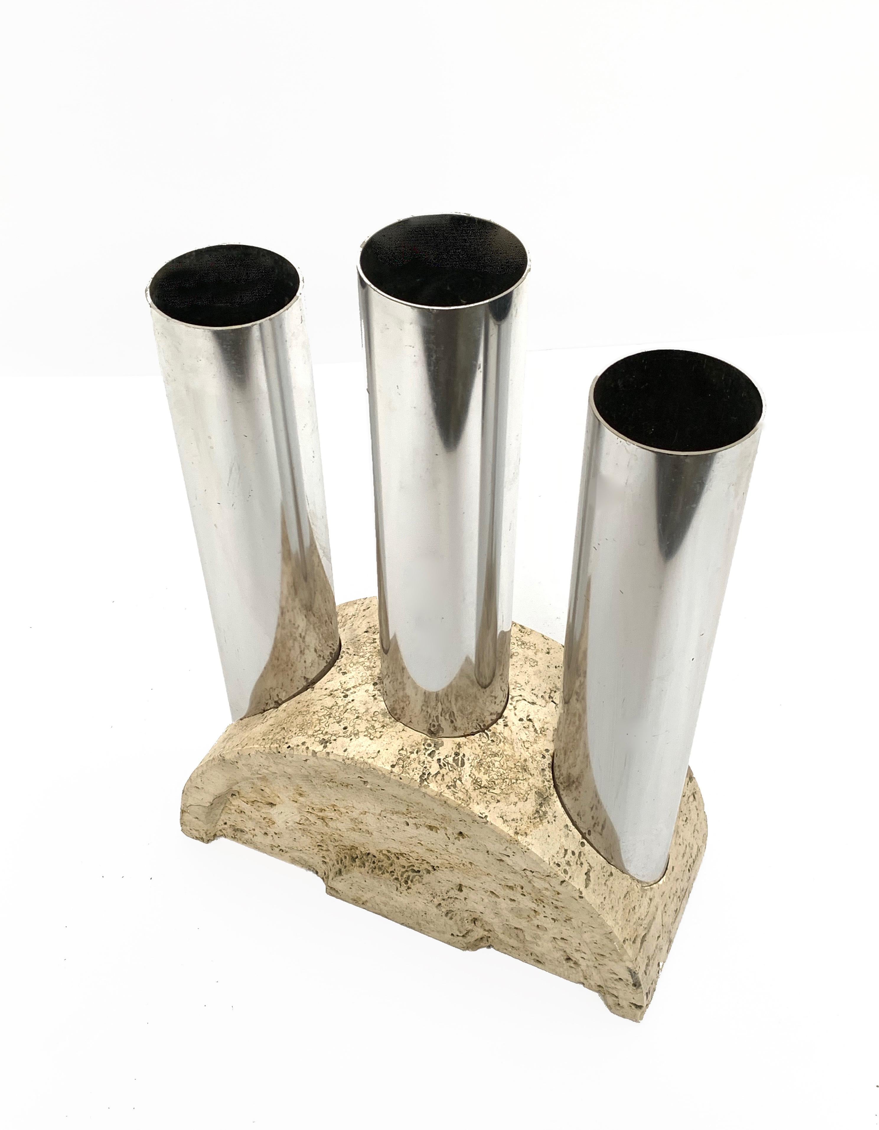 Midcentury Fratelli Manelli Travertine and Chrome Italian Umbrella Stands, 1970s In Fair Condition In Roma, IT