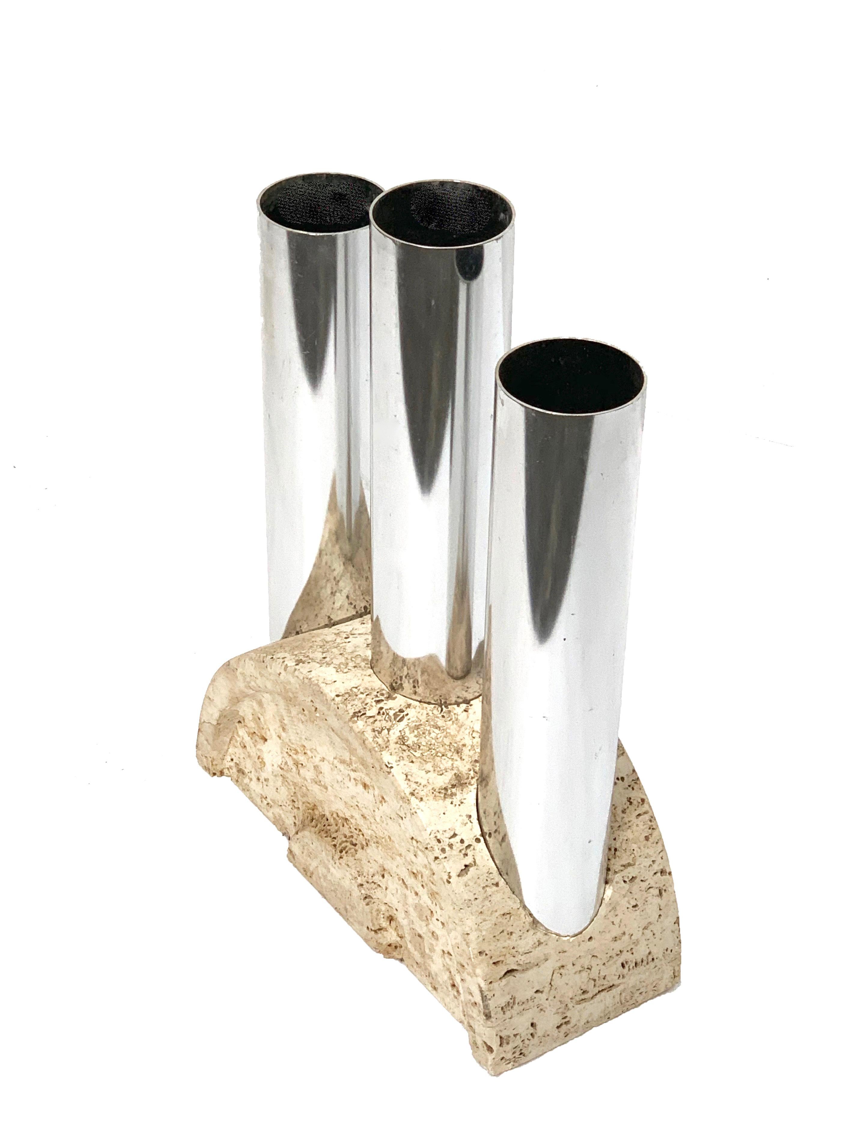 Metal Midcentury Fratelli Manelli Travertine and Chrome Italian Umbrella Stands, 1970s