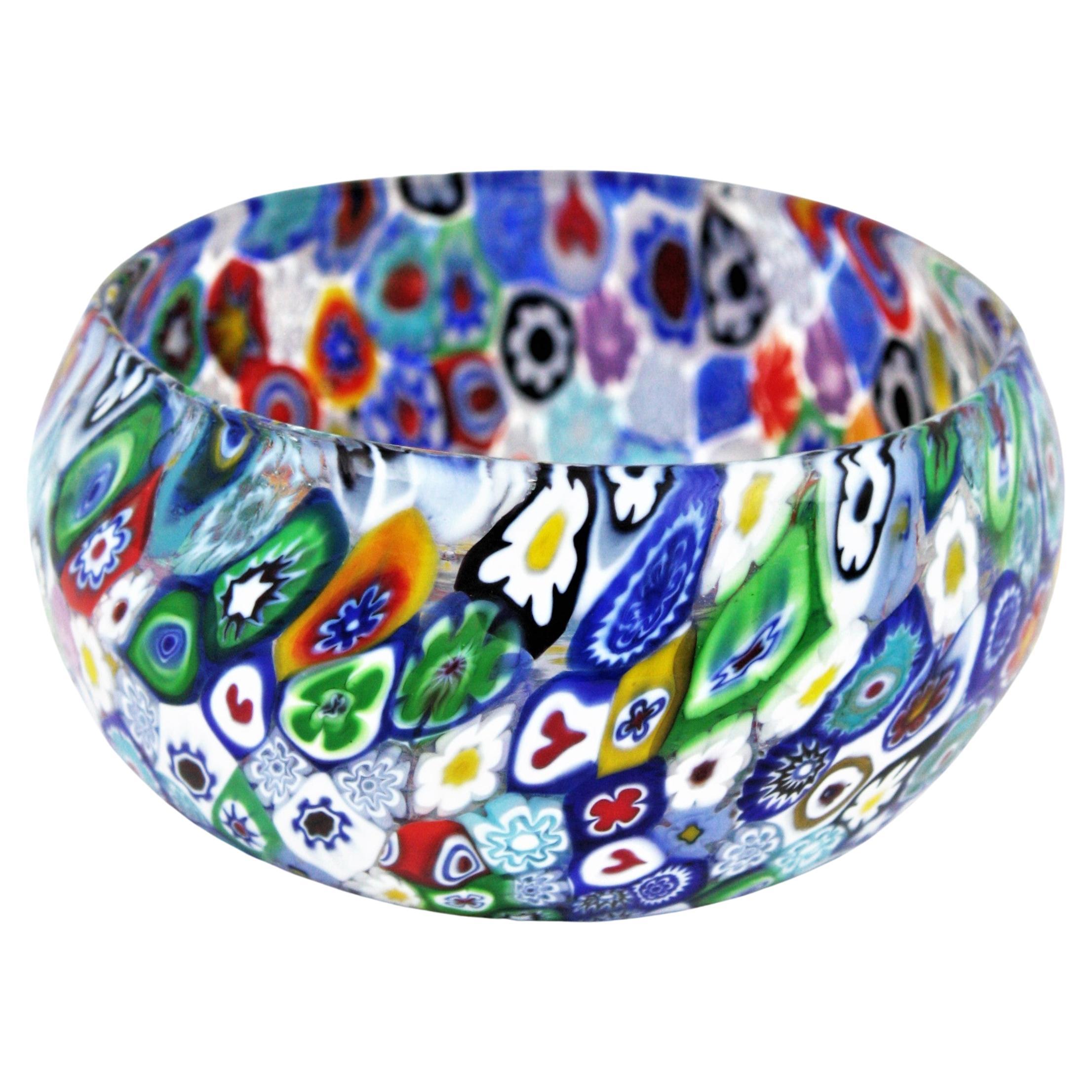 Midcentury Fratelli Toso Murano Multi Color Murrine Millefiori Art Glass Bowl