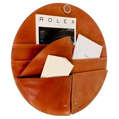 MidCentury Frau Leather and Steel Round Wall Pocket Italian Magazine Rack, 1970s