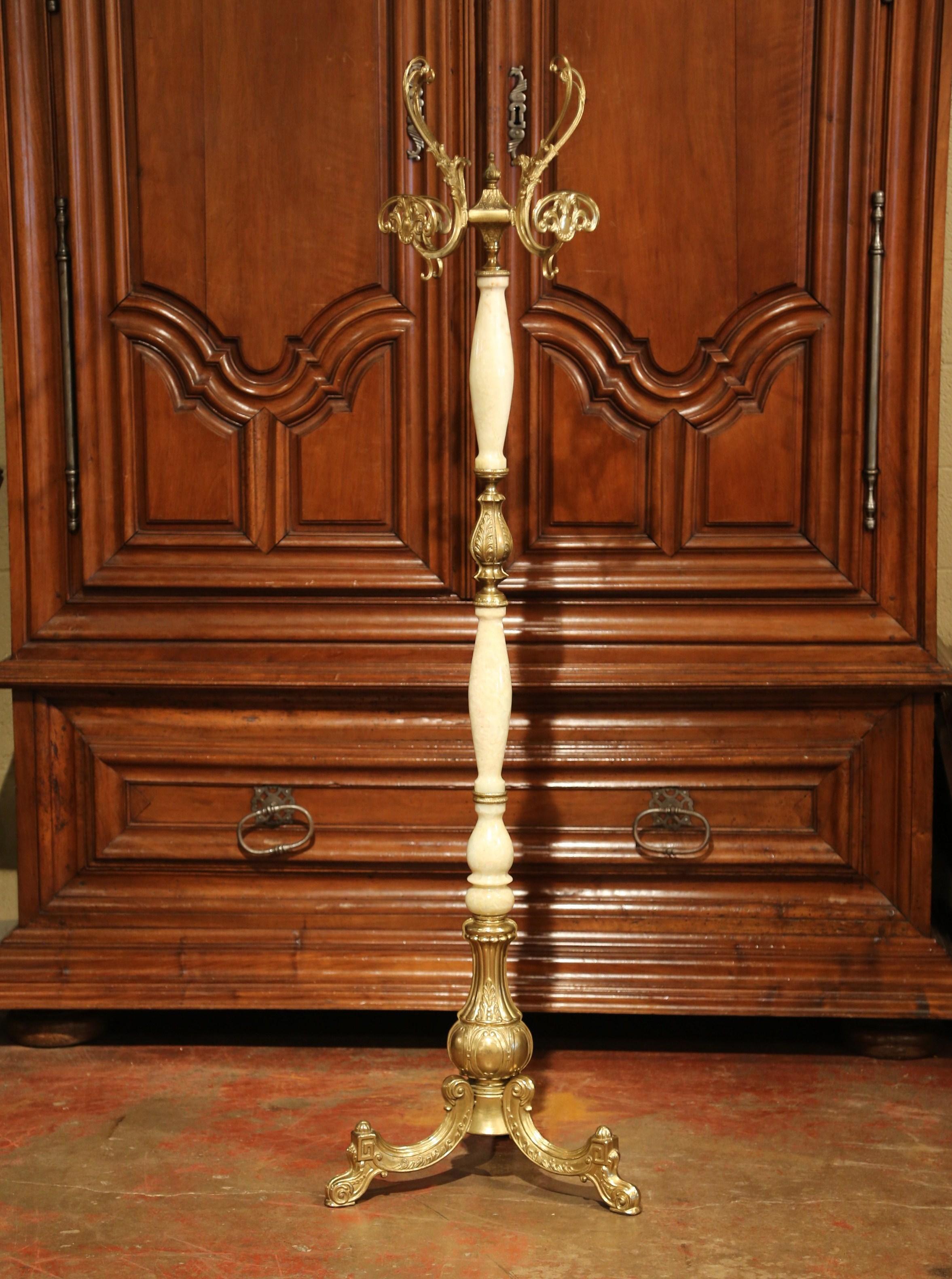 Hand-Crafted Midcentury Free Standing Ornate Onyx and Brass Coat Stand