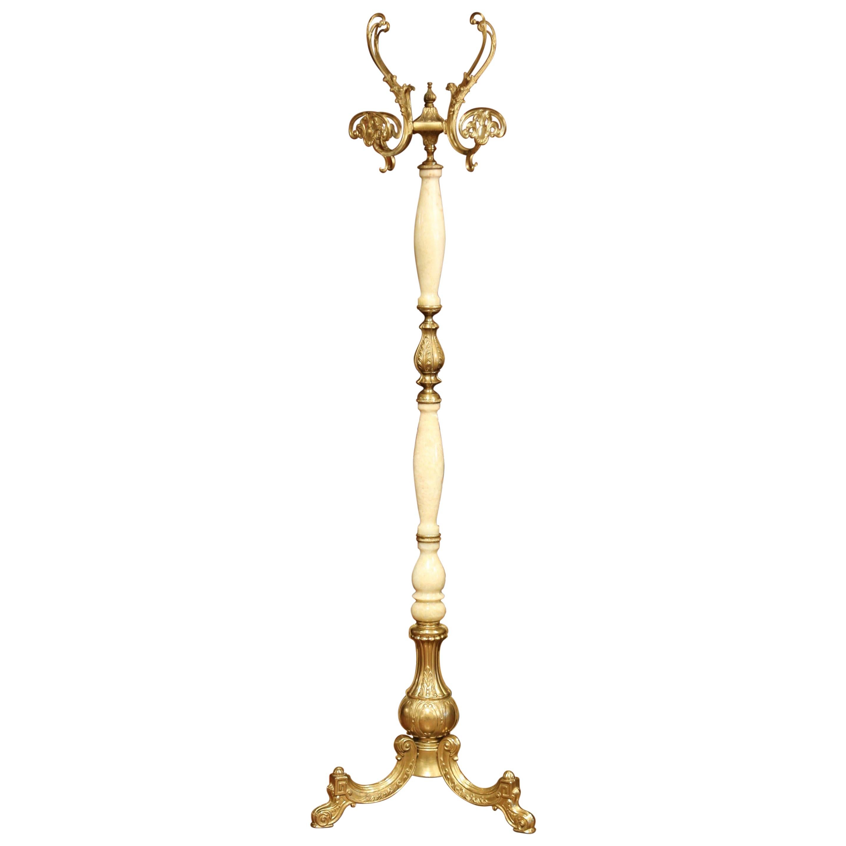 Midcentury Free Standing Ornate Onyx and Brass Coat Stand