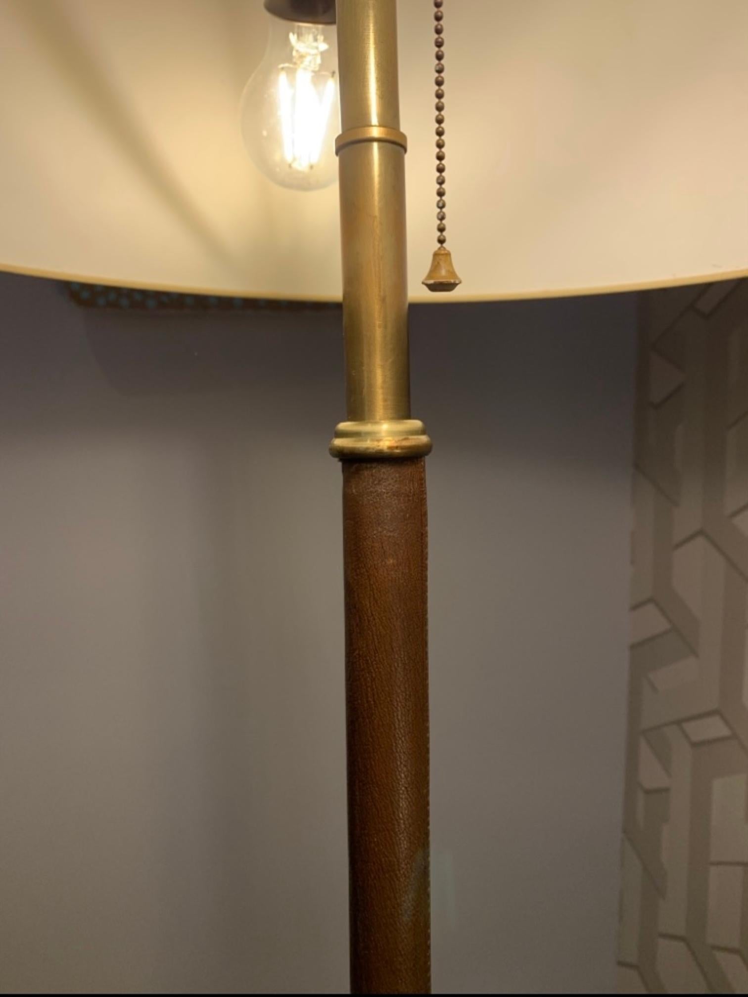 Midcentury French 1950 Brass, Bronze and Leather Tripod Floor Lamp 5