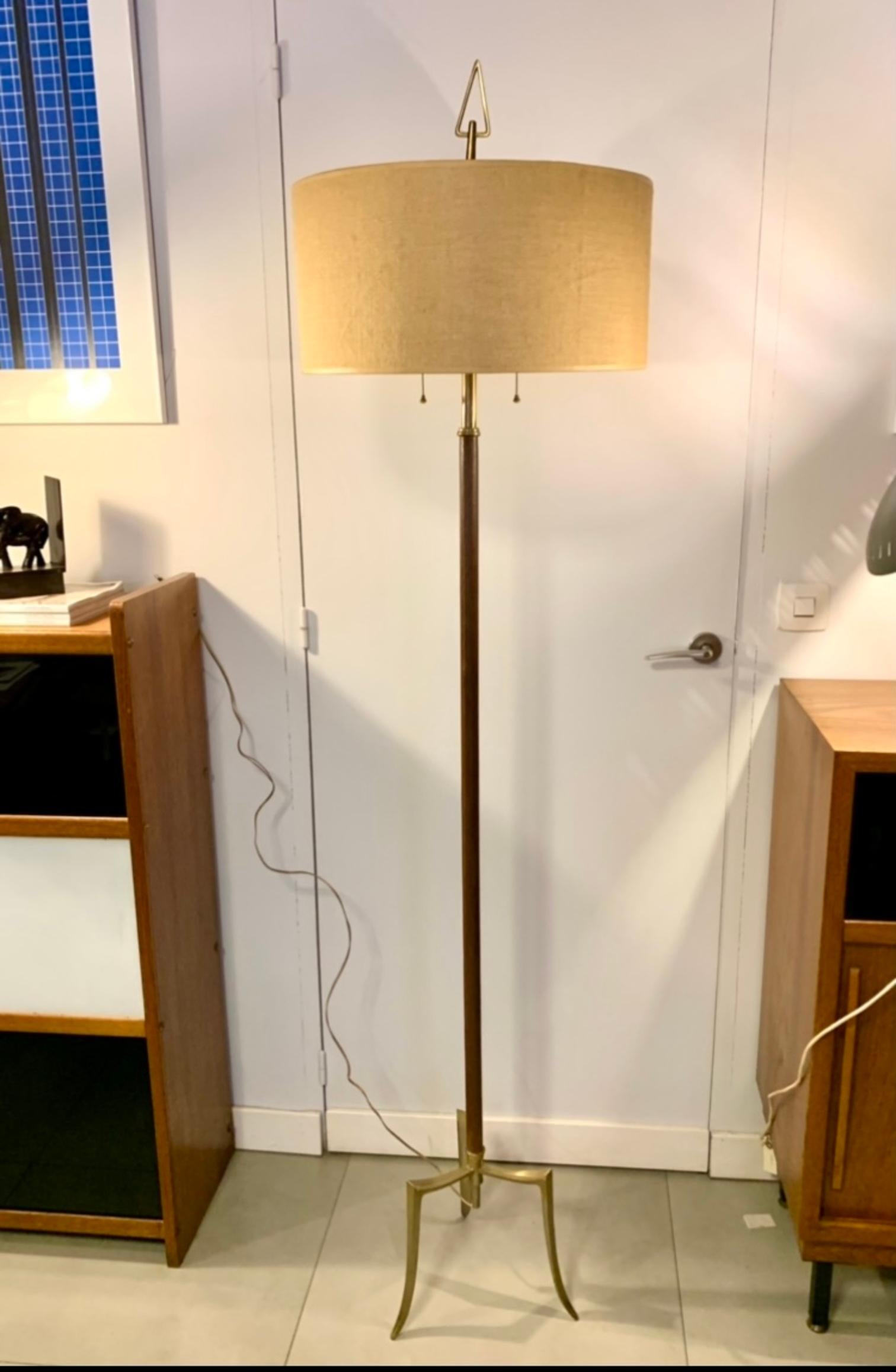 Midcentury French 1950 Brass, Bronze and Leather Tripod Floor Lamp 7